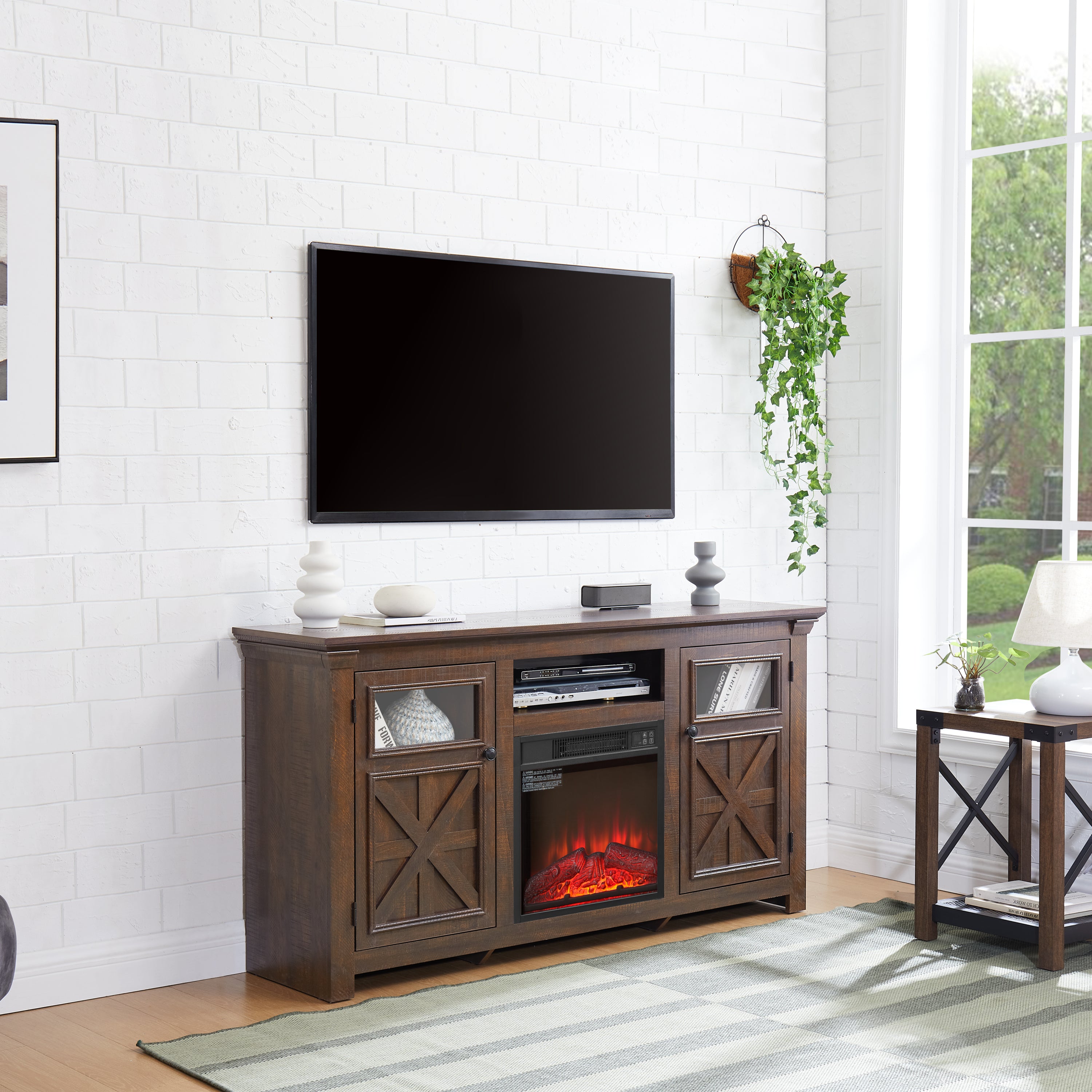 Farmhouse TV Stand with 2 Doors, Barn Design, Large Media Console with 18" Electric Fireplace Insert, Dark Brown