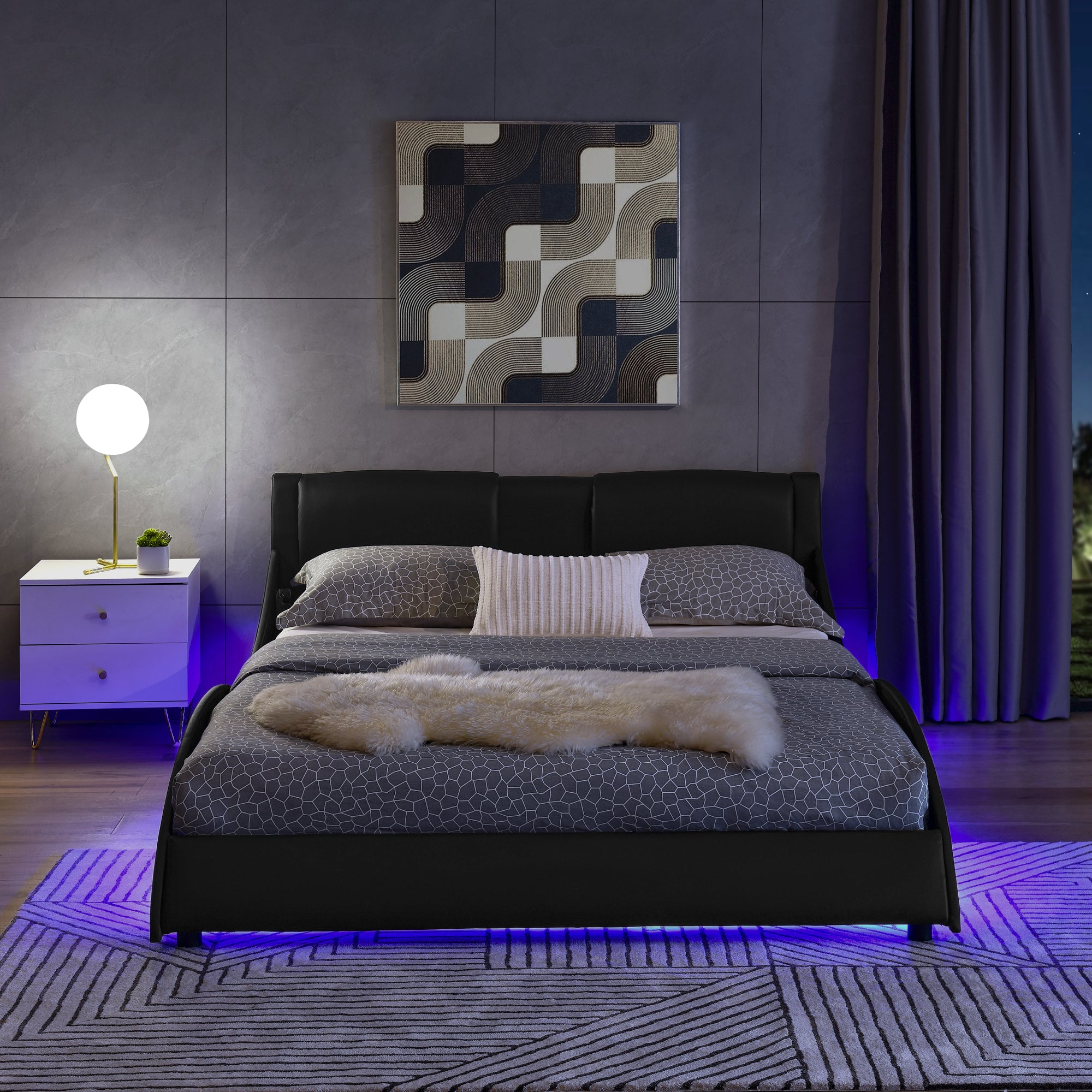 Queen Led Bed Frame Modern Faux Leather Upholstered Platform Bed Frame with RGB LED Lights and Headboard Wave Like Curve Low Profile Bed Frame,Wood Slats Support,Easy Assembly, Black