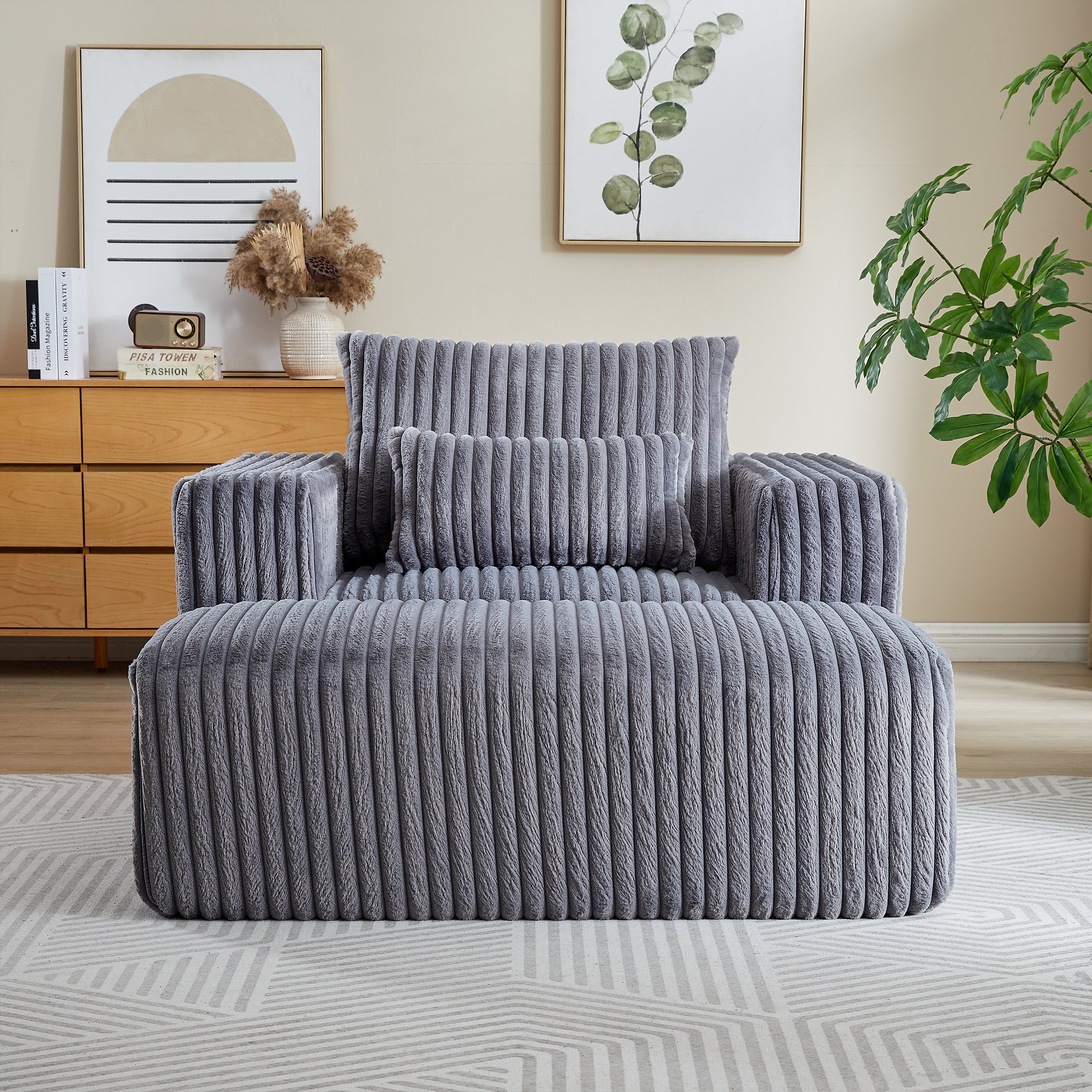 62.5-Inch Corduroy Sponge Sofa Lounge Chair with Removable footrest,No Assembly Required,Fluffy Modern Sleeper Chair for Indoor Living Room Bedroom