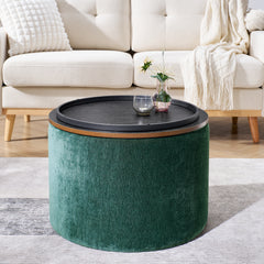 2-Piece Set Round Chenille Storage Ottoman, Equipped with a Drum Shaped Small Stool, Storage Space, and MDF Made Desktop Panel (Dark Green23.62"x23.62"x16.53")