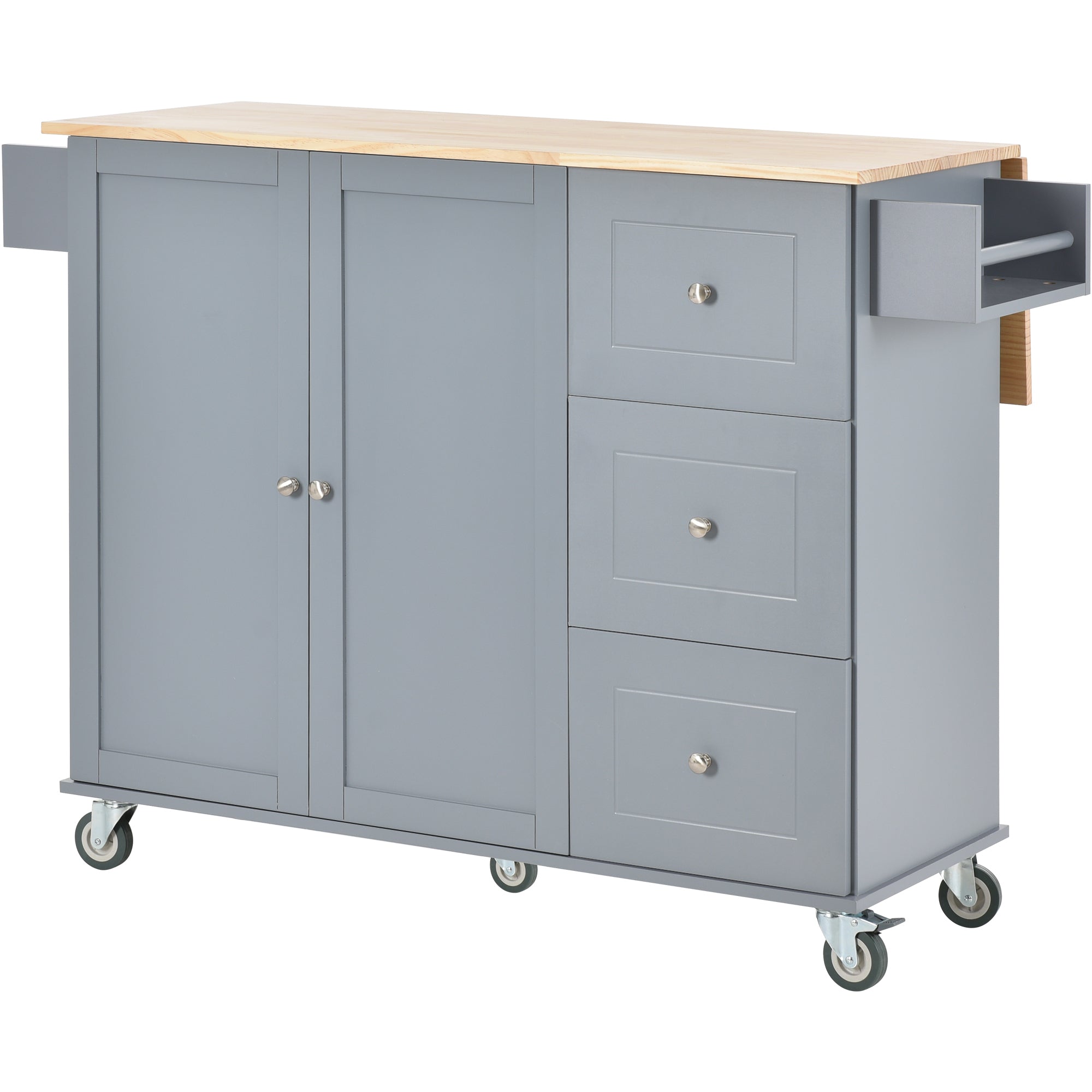 52.7" Rolling Mobile Kitchen Island with Solid Wood Top and Locking Wheels, Grey Blue