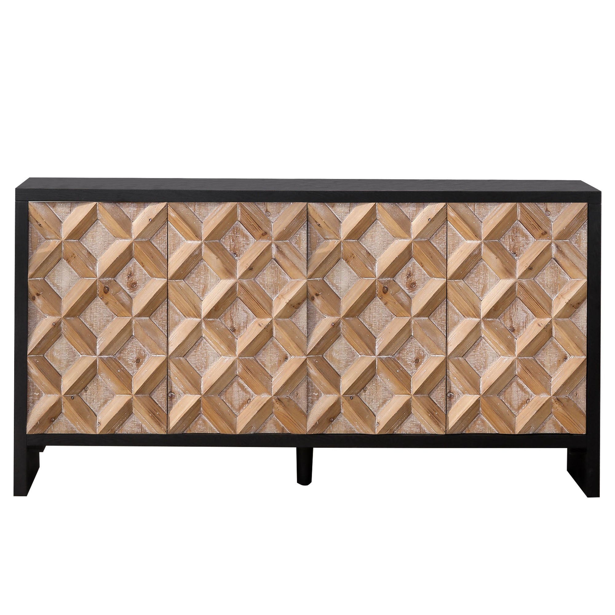 Rustic 4-Door Wood Cabinet with Geometric Pattern – Modern Storage Solution for Any Space