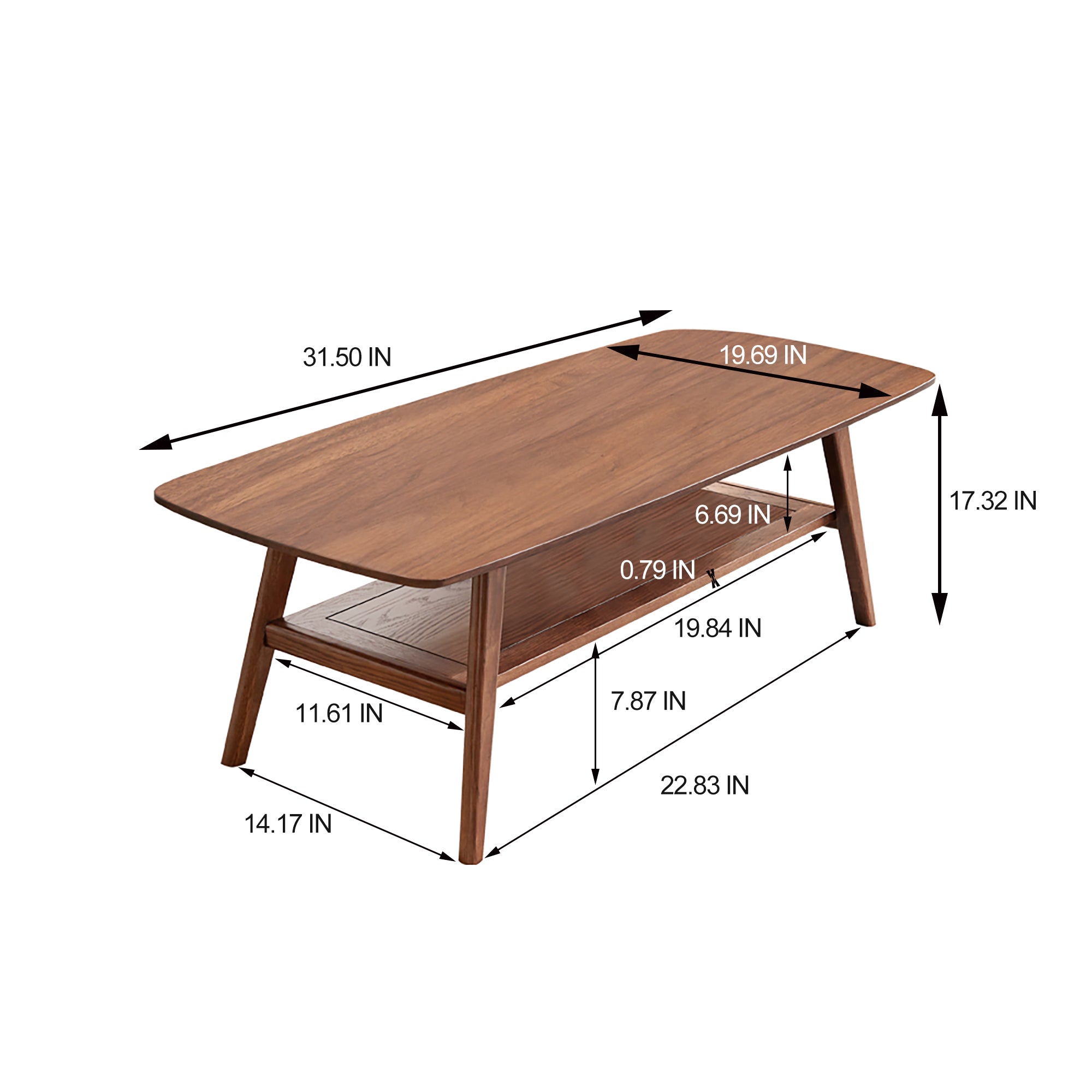 31.5" Solid Oak Wood Coffee Table with Storage Shelf, Study Desk for Home Office, Brown