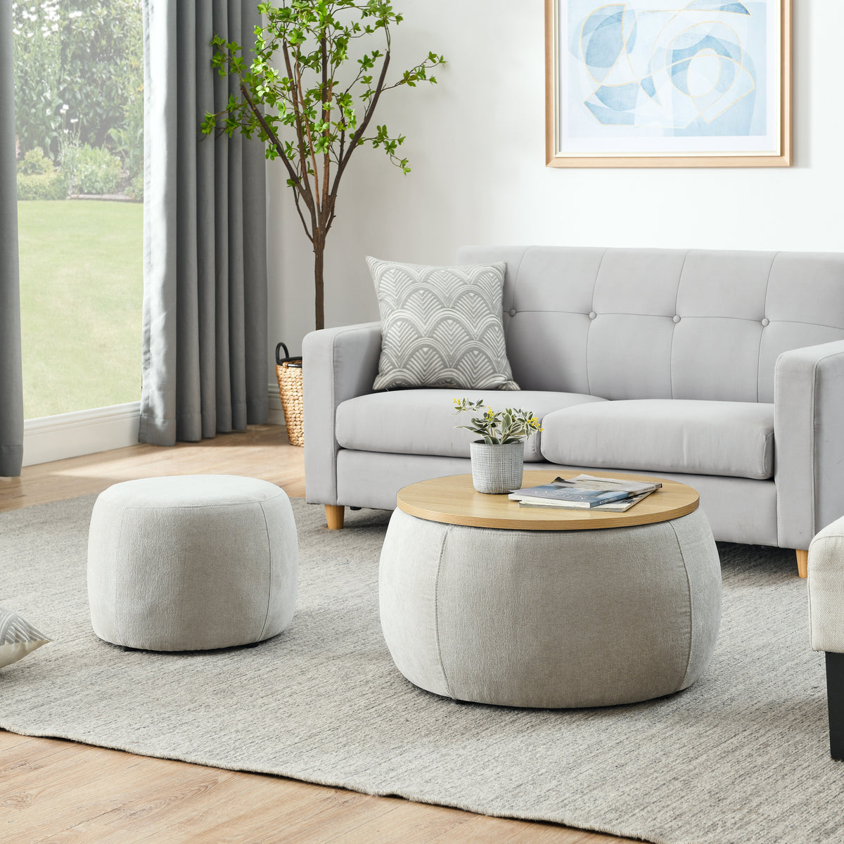 Round Storage Ottoman, 2 in 1 Function, Work as End table and Ottoman,with small seat,Light grey(25"x25"x14.7")