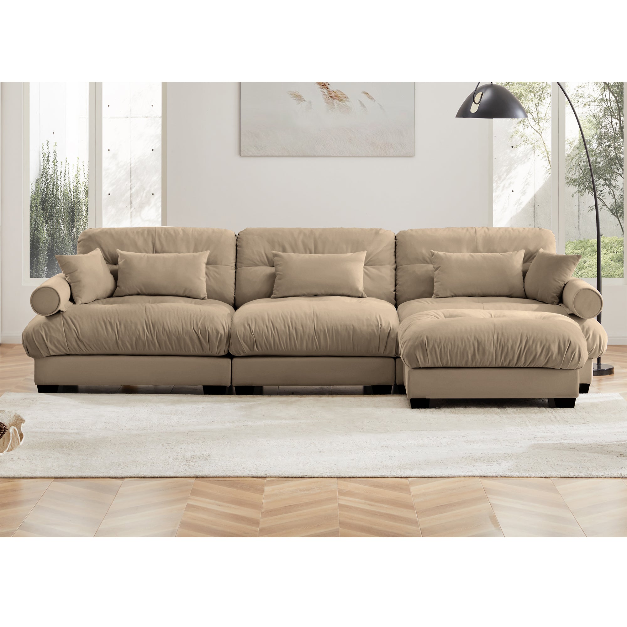 Oversized Modular Velvet Sectional Sofa with Ottoman, Deep Seat L-Shaped Cloud Couch for Living Room, Camel