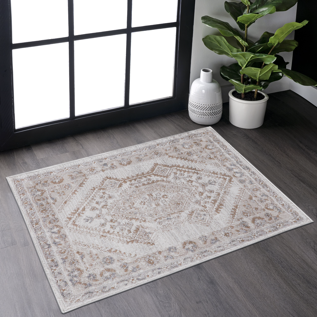 2x3 Bordered Area Rug Cream Ivory Non-Shedding Stain Resistant Accent Carpet for Entryway Bedroom Living Room