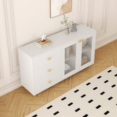 Minimalist White Sideboard with Glass Doors & Drawers for Storage - Modern Buffet for Dining Room