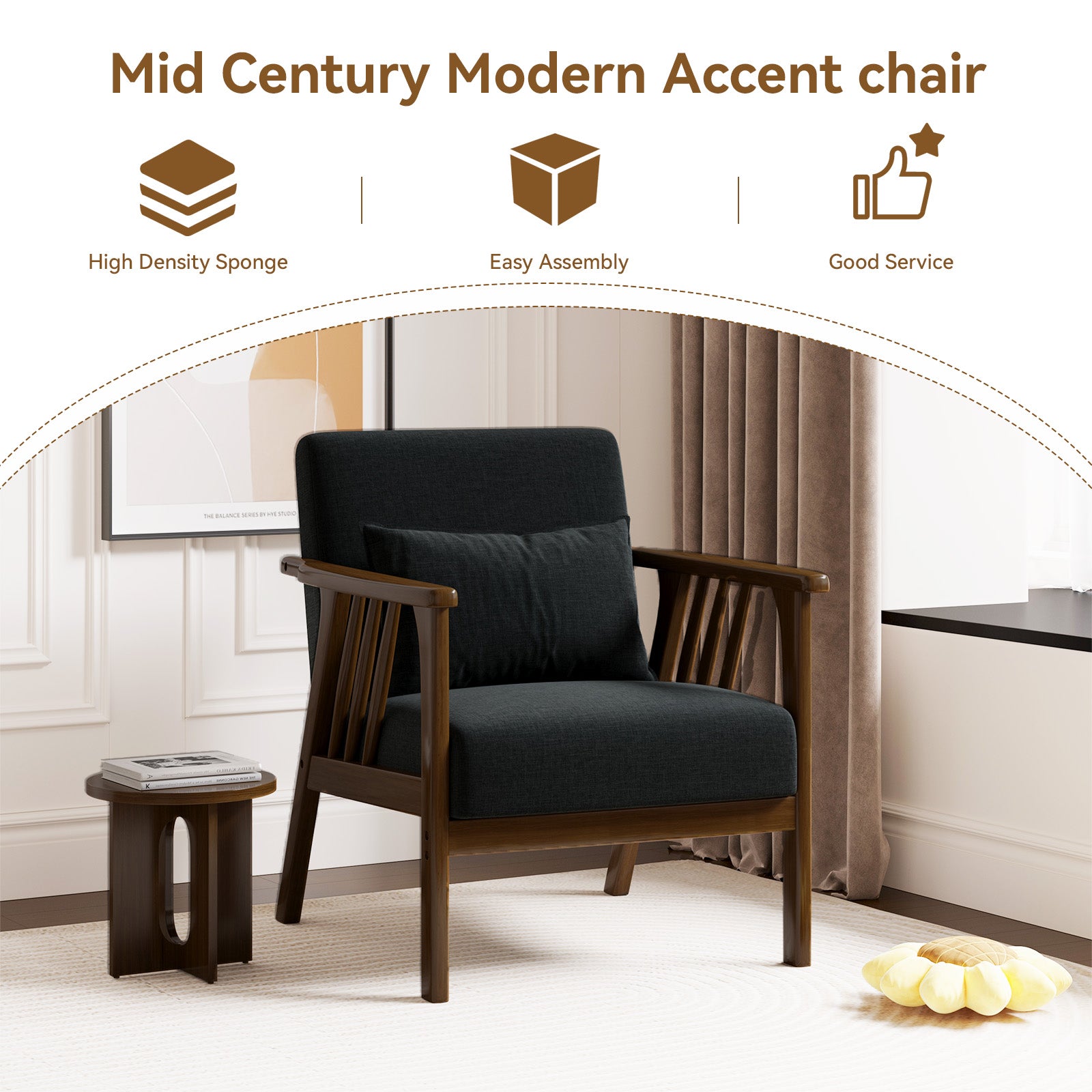 Modern Rubber Wood Lounge Chair with Faux Linen Upholstery and Metal Frame for Cozy Living Room FU01050