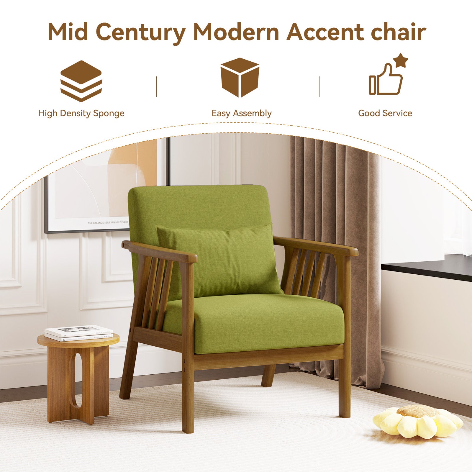 Modern Rubber Wood Lounge Chair with Faux Linen Upholstery and Metal Frame for Cozy Living Room FU01050