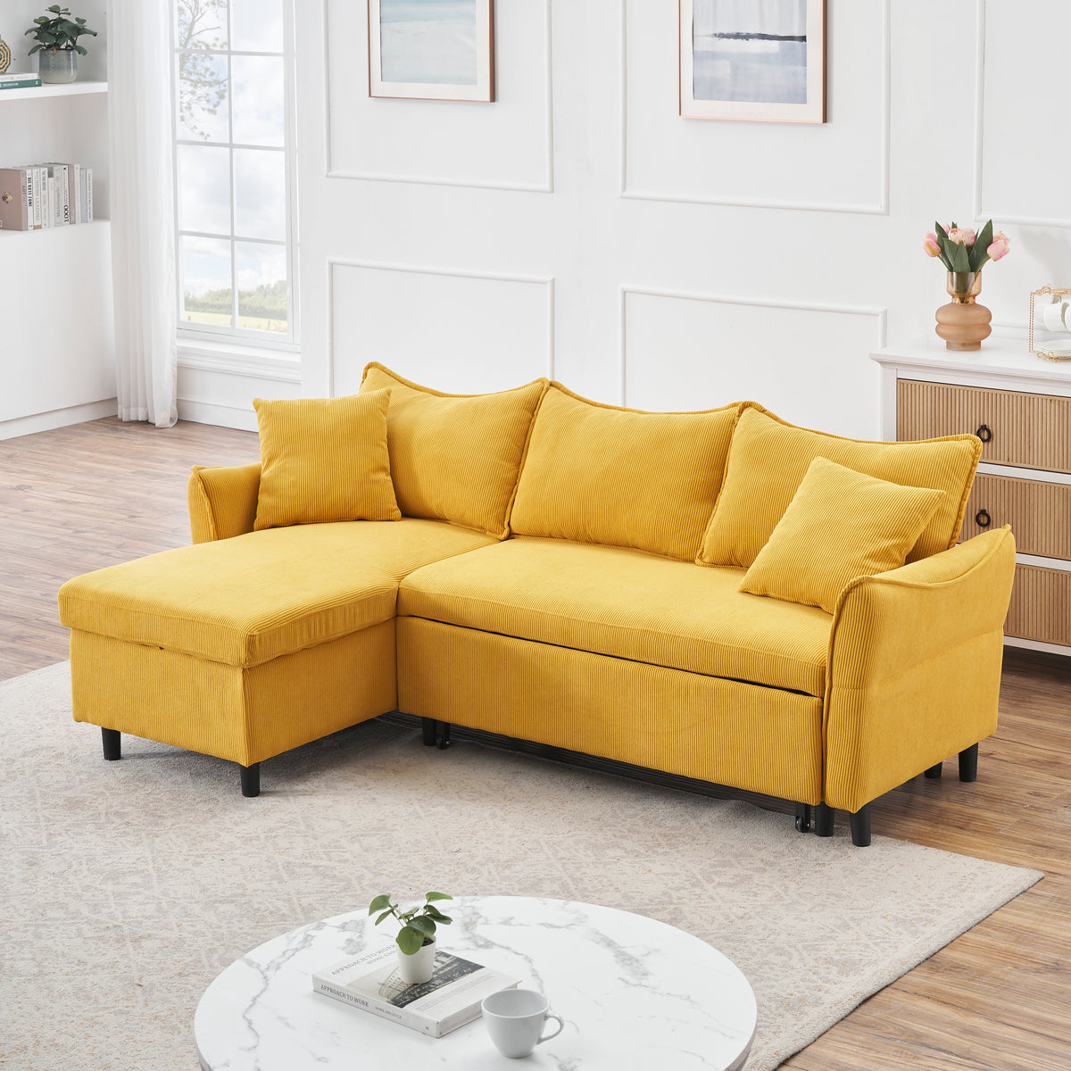 80" Yellow Corduroy L-Shaped Sofa Bed With Two Small Pillows - 3-Seater Sleeper Sofa With Storage For Living Room