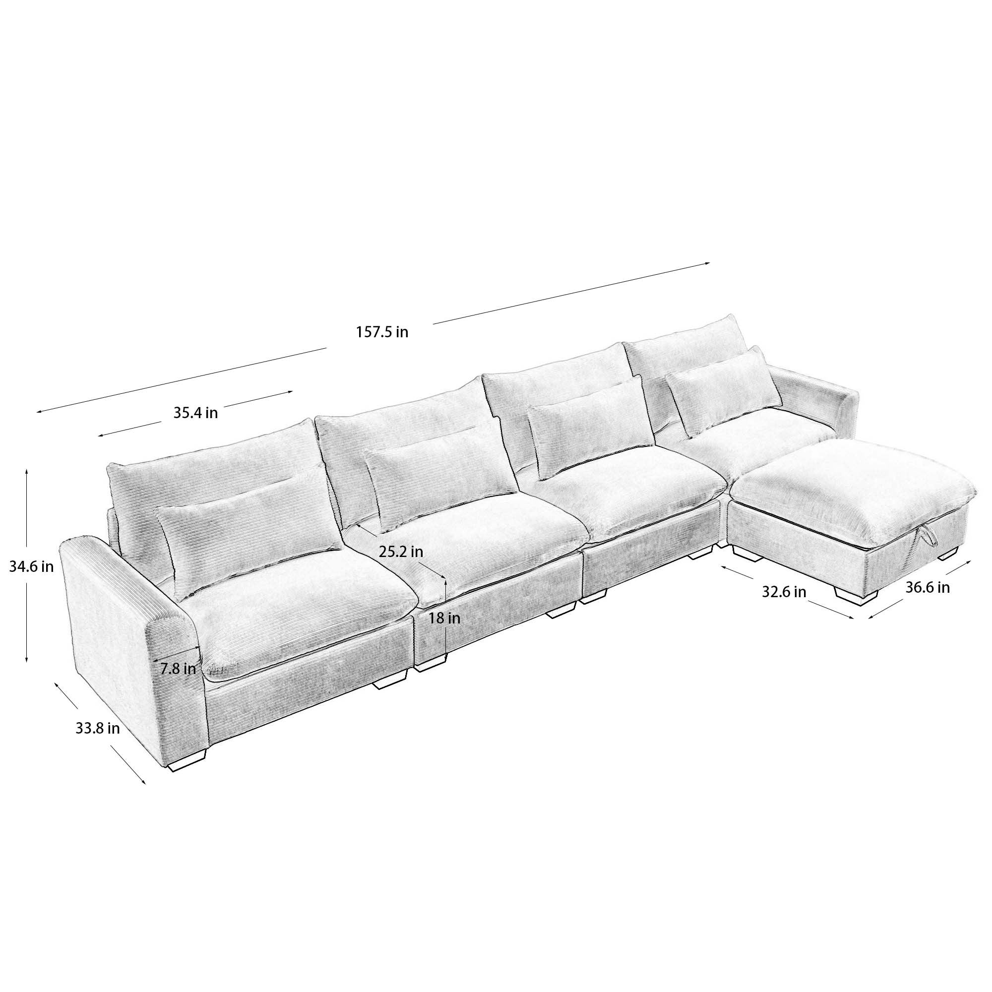 Large L Shape Sectional Corduroy Sofa,Deep Seat Couch with Storage Footstool and 4 Waist Pillows, Green