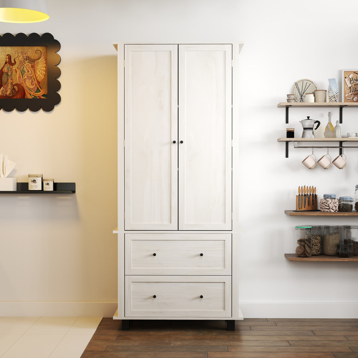 70" Tall Kitchen Pantry Cabinet with 2 Drawers & Shelves, Antique White
