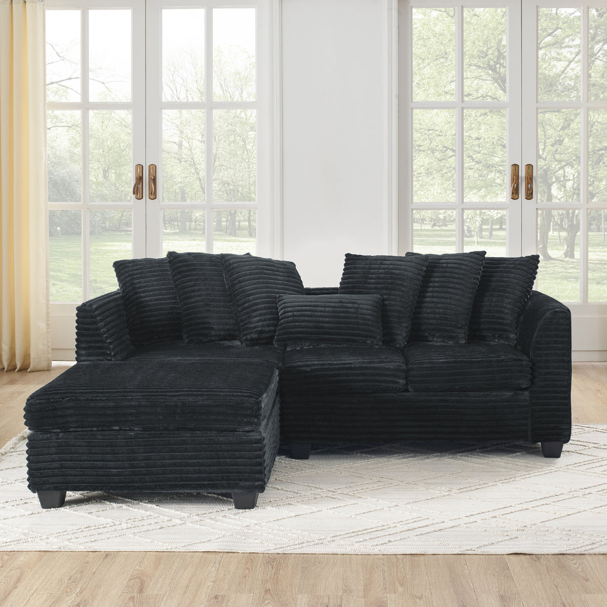 Corduroy Tufted Upholstered Sleeper Sectional Sofa, L-Shaped Modular Convertible Sofa , Black