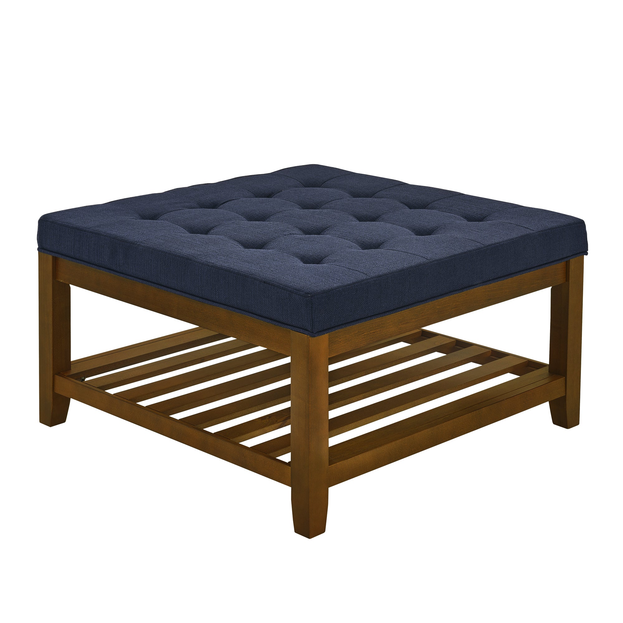 Tufted Upholstered Square Coffee Table Ottoman with Beech Wood Shelf, Oversized Footrest for Living Room, Navy Blue