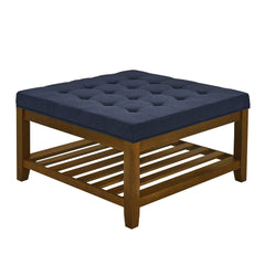 Tufted Upholstered Square Coffee Table Ottoman with Beech Wood Shelf, Oversized Footrest for Living Room, Navy Blue