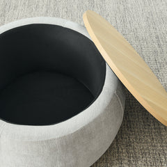 Round Storage Ottoman, 2 in 1 Function, Work as End table and Ottoman,with small seat,Light grey(25"x25"x14.7")