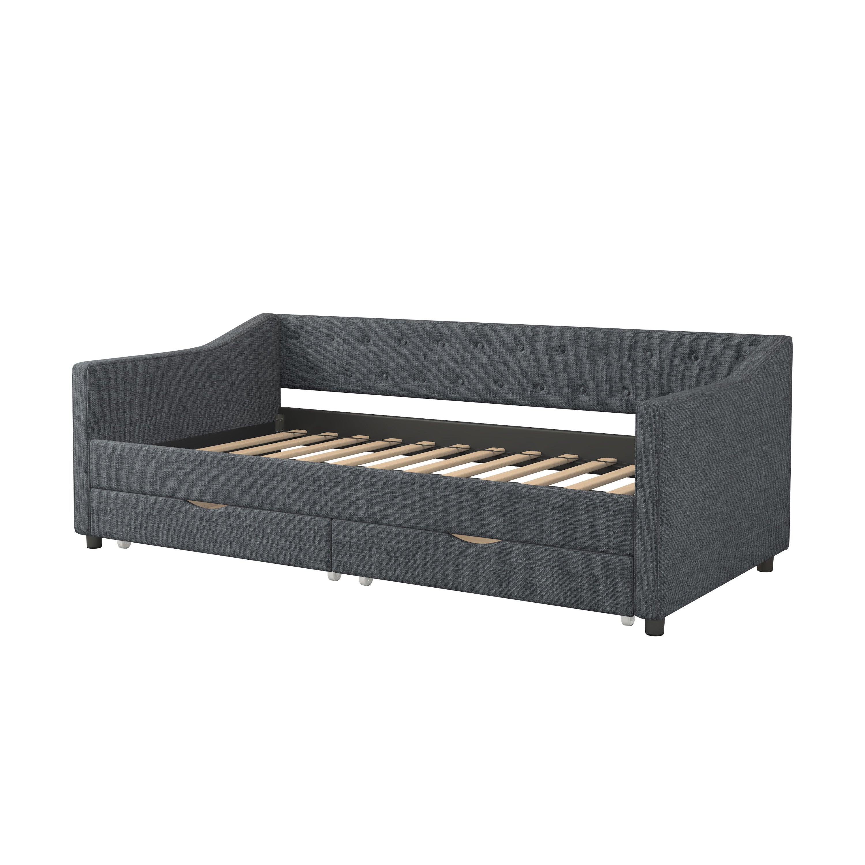 Twin Size Daybed with Drawers Upholstered Tufted Sofa Bed, with Button on Back and Piping on Waved Shape Arms-Dark Grey