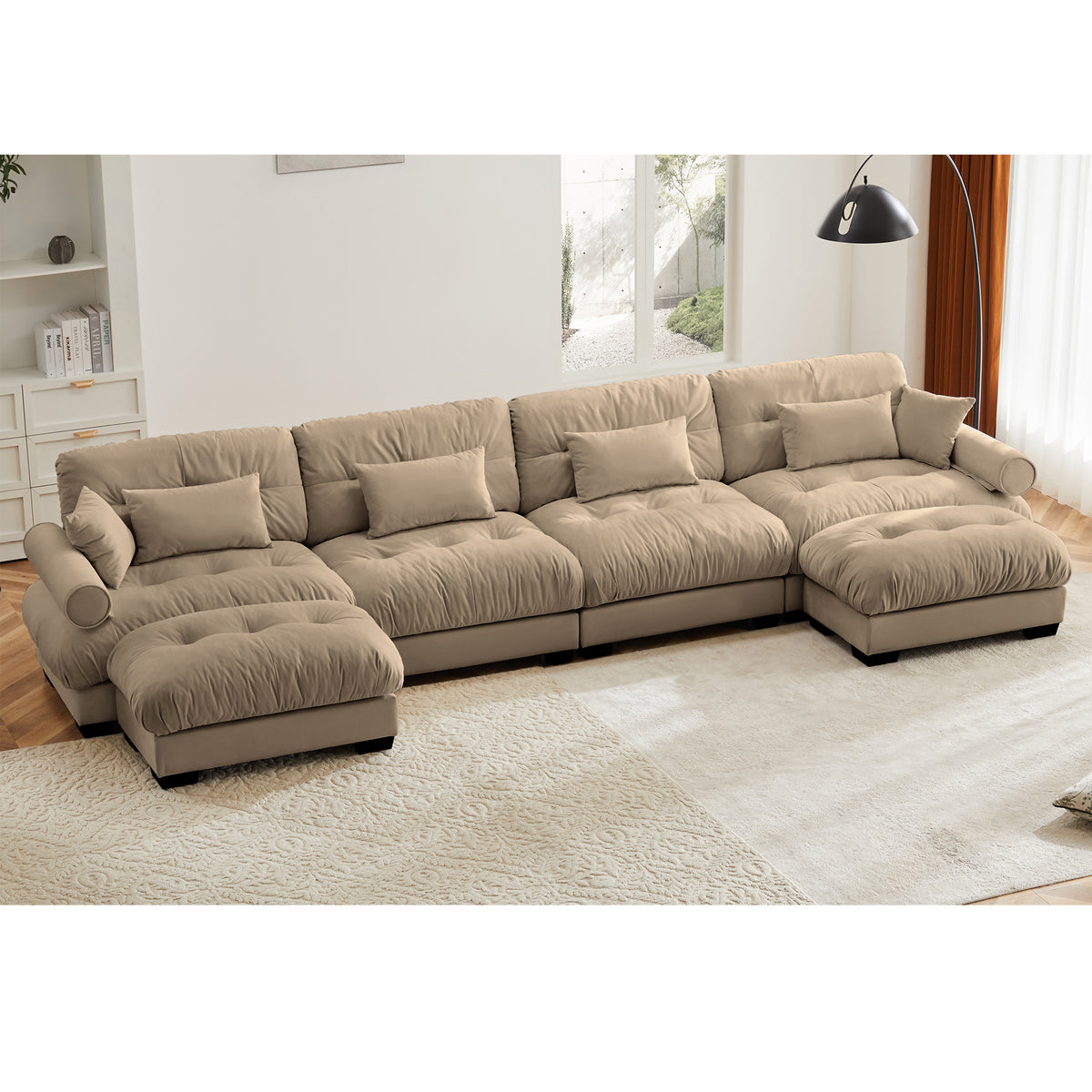 U-Shaped Velvet Sectional Cloud Couch with Movable Ottomans, Deep 4-Seater with Bolstered Armrests and Pillows, Camel