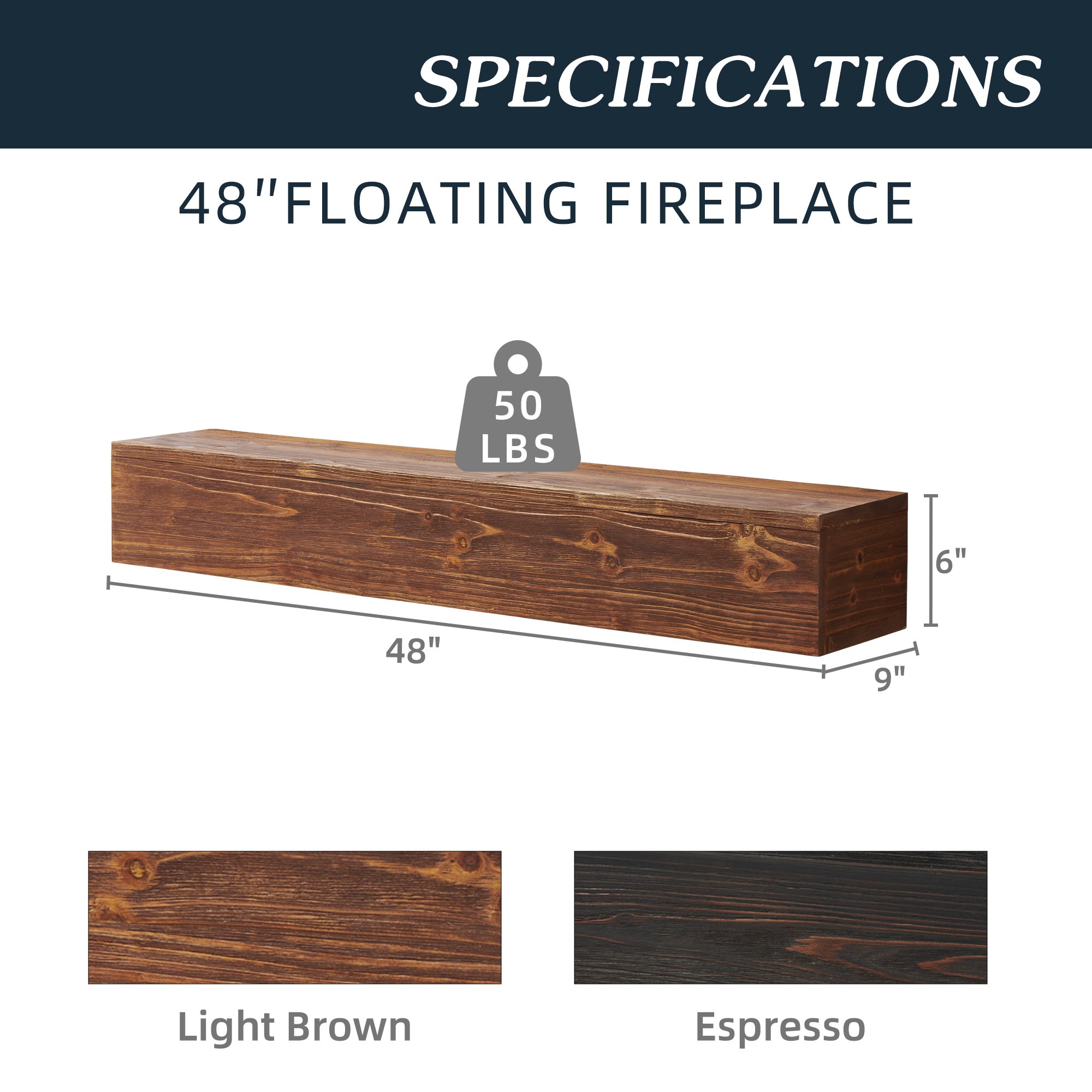 48" Rustic Wood Floating Fireplace Mantel Shelf – Wall-Mounted Home Decor