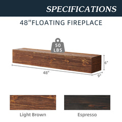 48" Rustic Wood Floating Fireplace Mantel Shelf – Wall-Mounted Home Decor