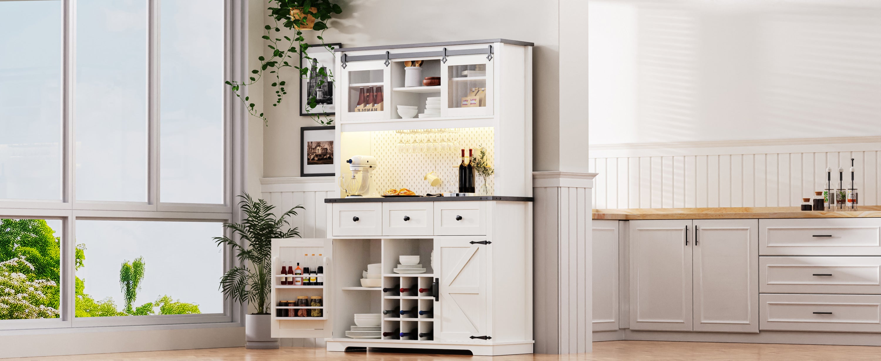 K&K 71" Kitchen Island with Hutch, Sliding Door, Pegboard, Wine & Glasses Rack, Rustic Coffee Bar Storage Cabinet, White