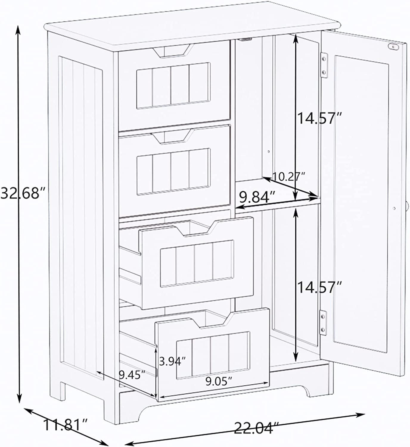 White freestanding floor storage cabinet with adjustable shelves, 4 drawers and 1 door