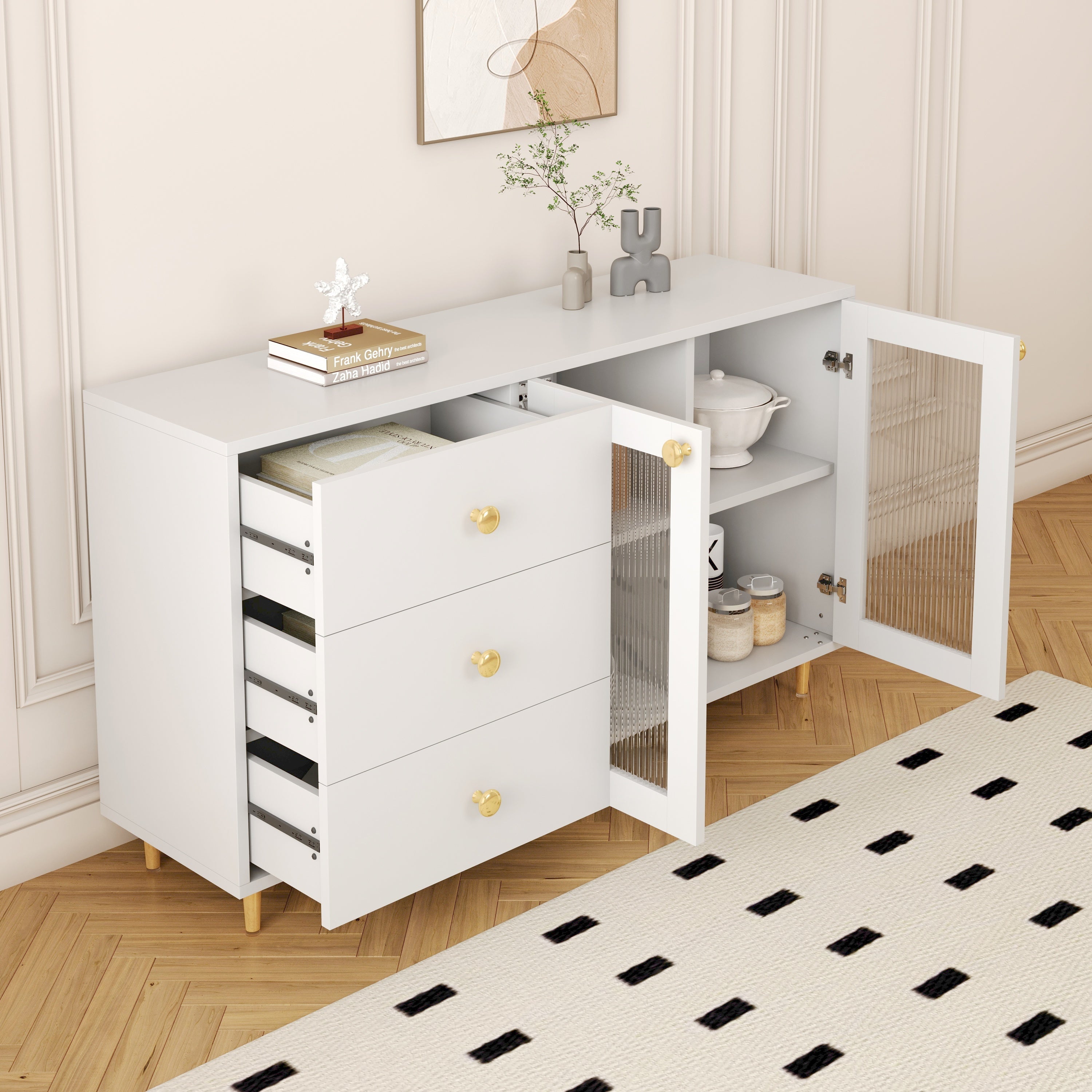 Minimalist White Sideboard with Glass Doors & Drawers for Storage - Modern Buffet for Dining Room