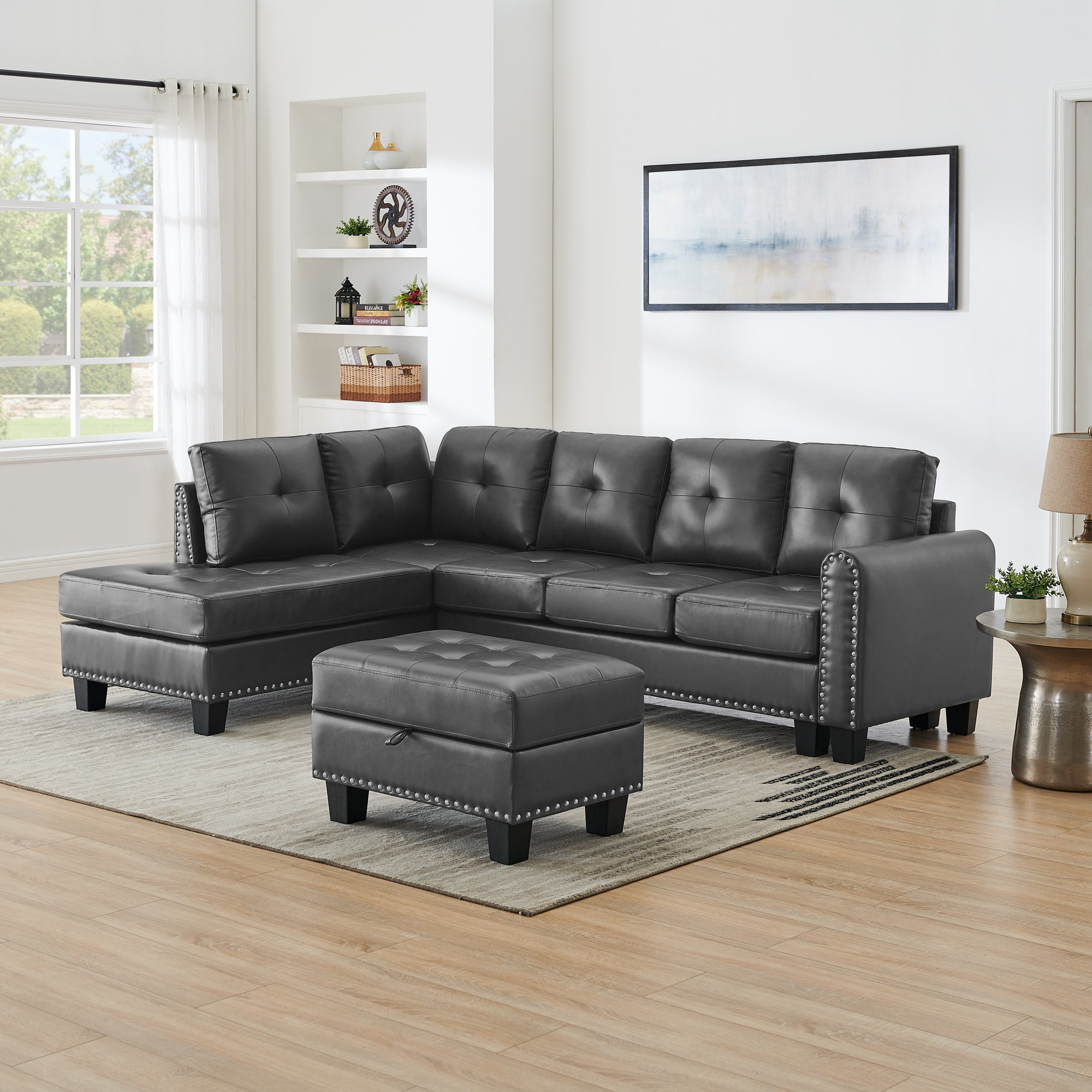 Sectional 3-Seaters Sofa , reversible recliner, Storage pad and wood grain cup holder, Non-slip leg, pu, grey