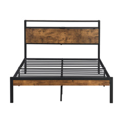 Full Size Metal Platform Bed Frame with Wooden Headboard and Footboard with USB LINER, No Box Spring Needed, Large Under Bed Storage, Easy Assemble