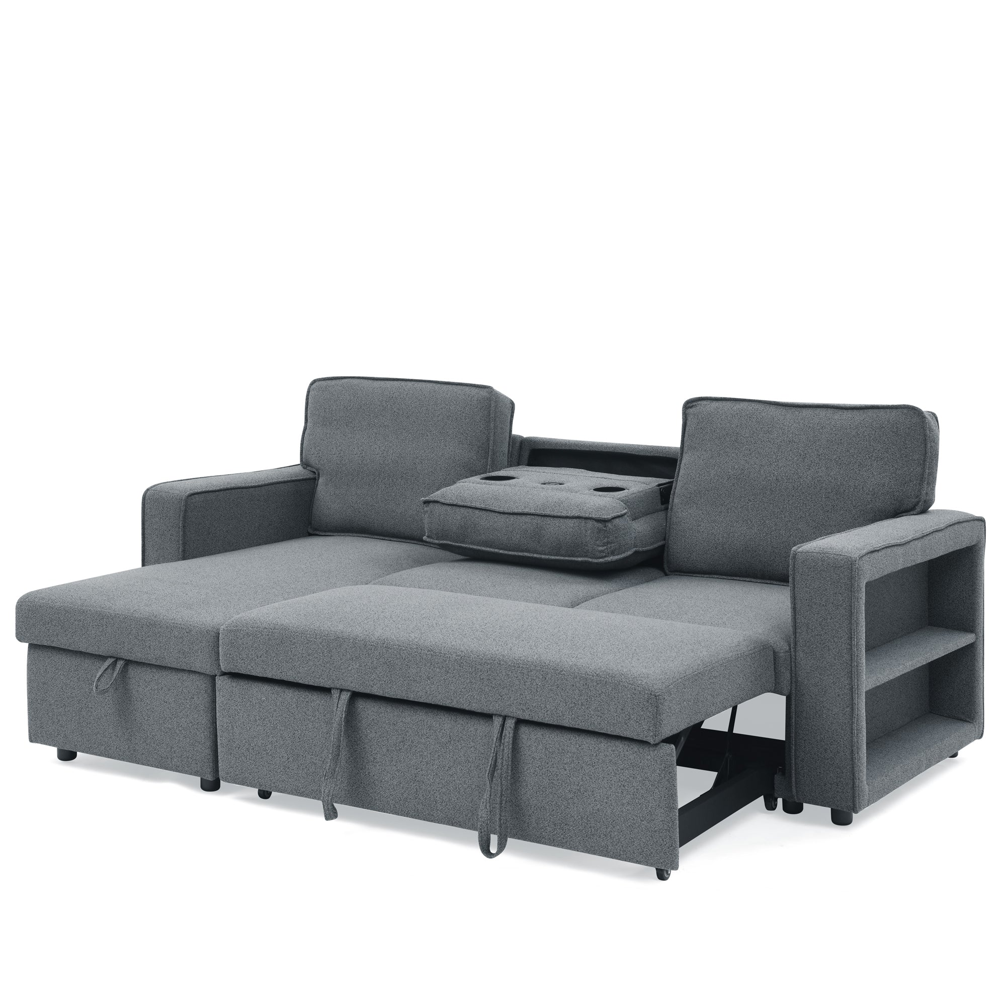 Linen Upholstered Sleeper Sectional Sofa, Shaped Modular Convertible Sofa with Storage Chaise,There are two cup holders in the middle and USB multi-interface function,Pull Out Sleep Couch Bed ,Grey