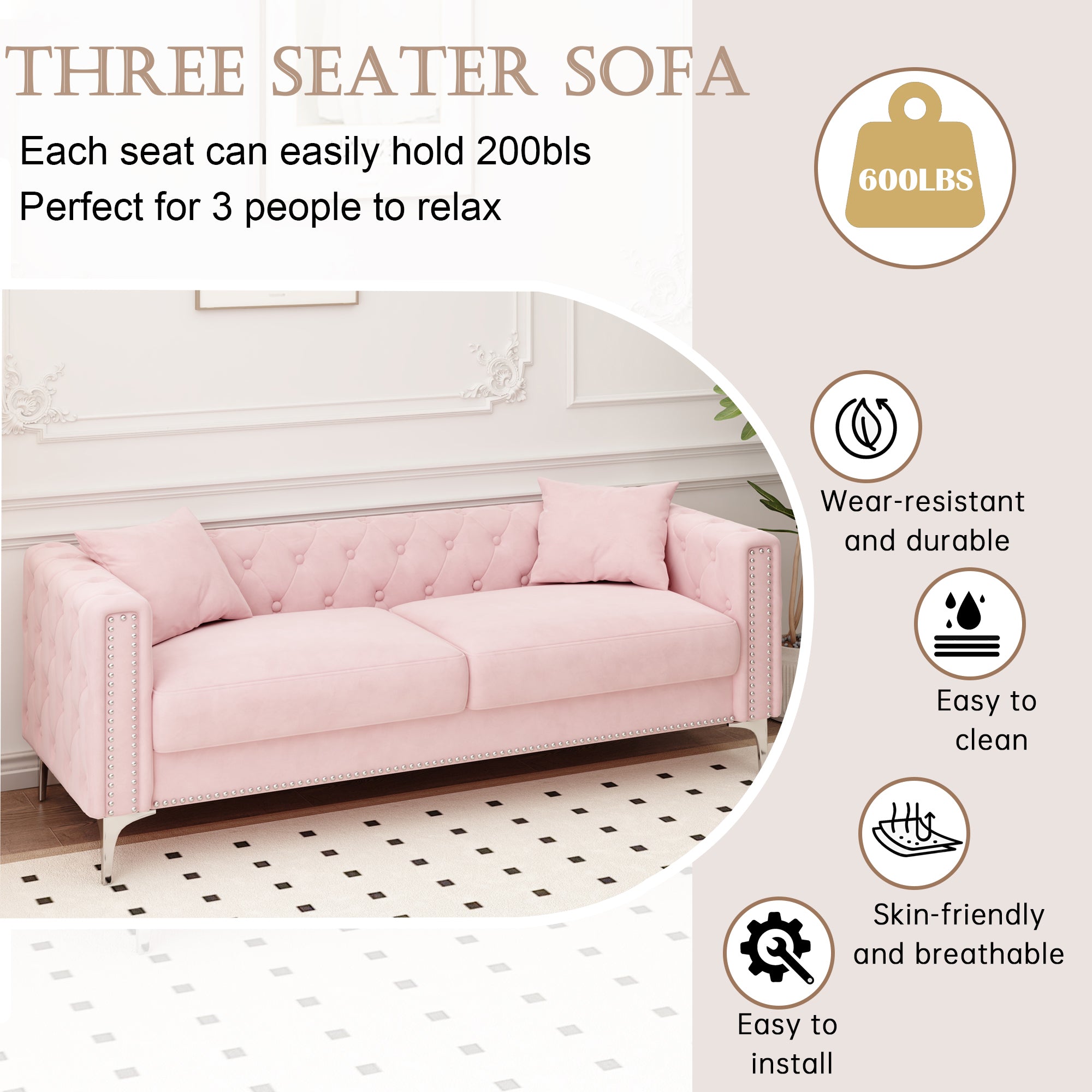 83" Pink Velvet 3-Seater Sofa with 2 Comfy Pillows - Perfect Design for Your Home