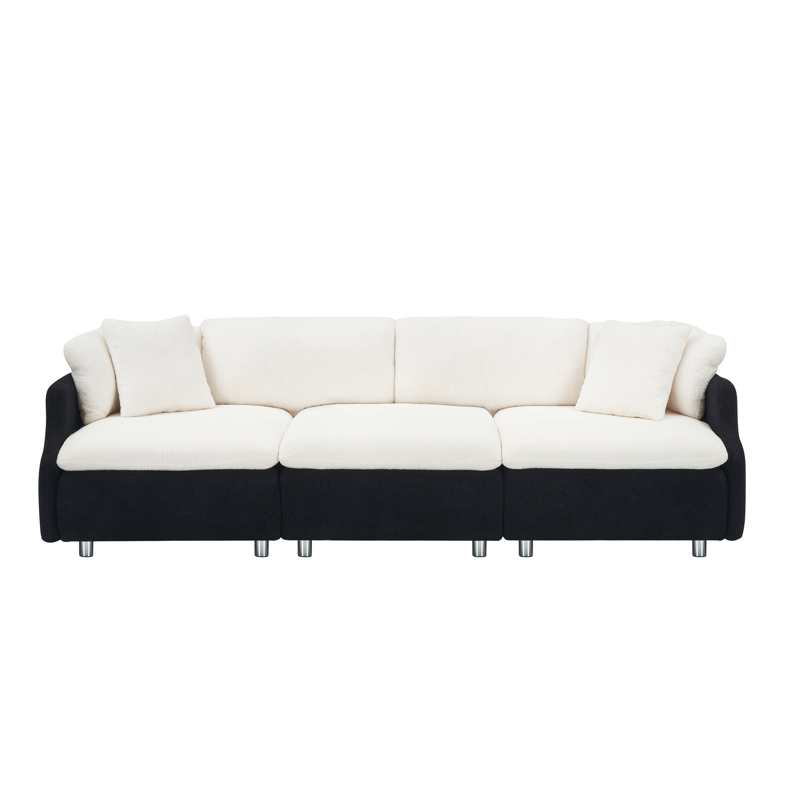 95.3" Beige Black Teddy Fleece Sofa With Two Throw Pillows - 3 Seat Sofa for Living Room