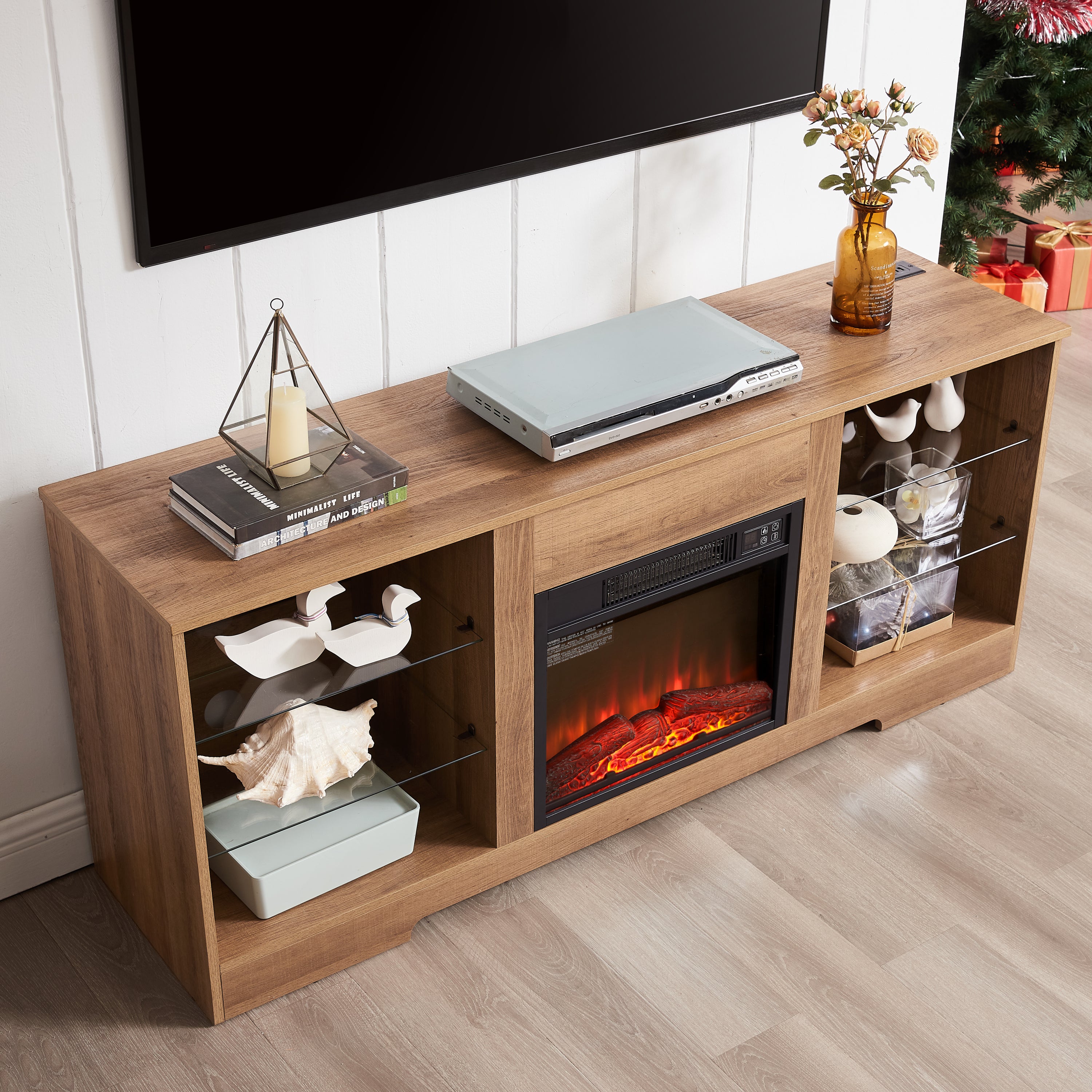 Electric Fireplace TV Stand with Glass Shelves, LED Lights, USB Charging Outlet, Fits TVs up to 62", Natural