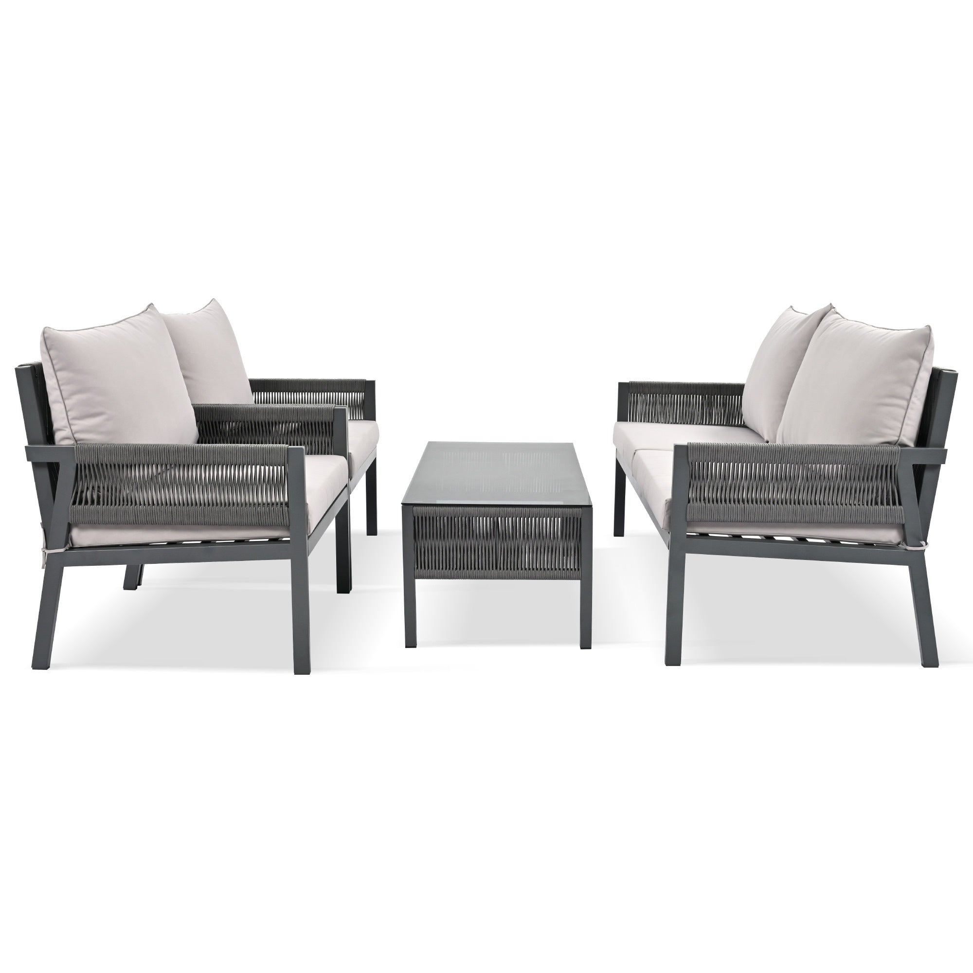 K&K 4-Piece Rope Patio Furniture Set with Tempered Glass Table-Patio Conversation Set Deep Seating with Thick Cushion for Backyard Porch Balcony, Grey