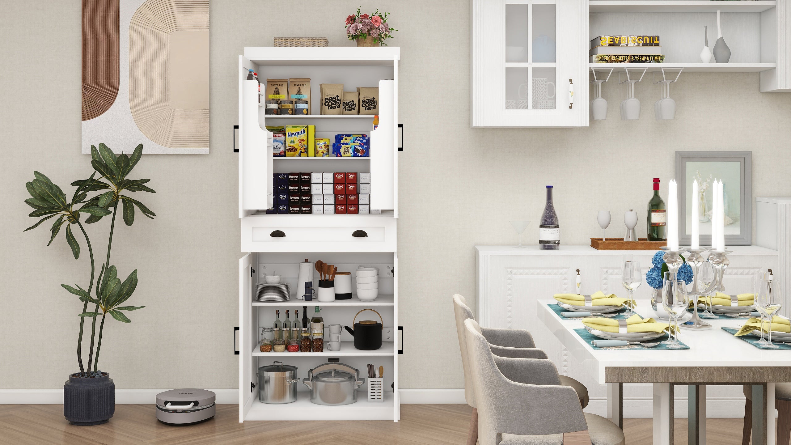 71" Kitchen Pantry Storage Cabinet  with 4 Doors(2Doors with Racks),1 Drawer, 2 Adjustable Shelves, Freestanding Cupboard for Kitchen, Dining Room and Living Room-White