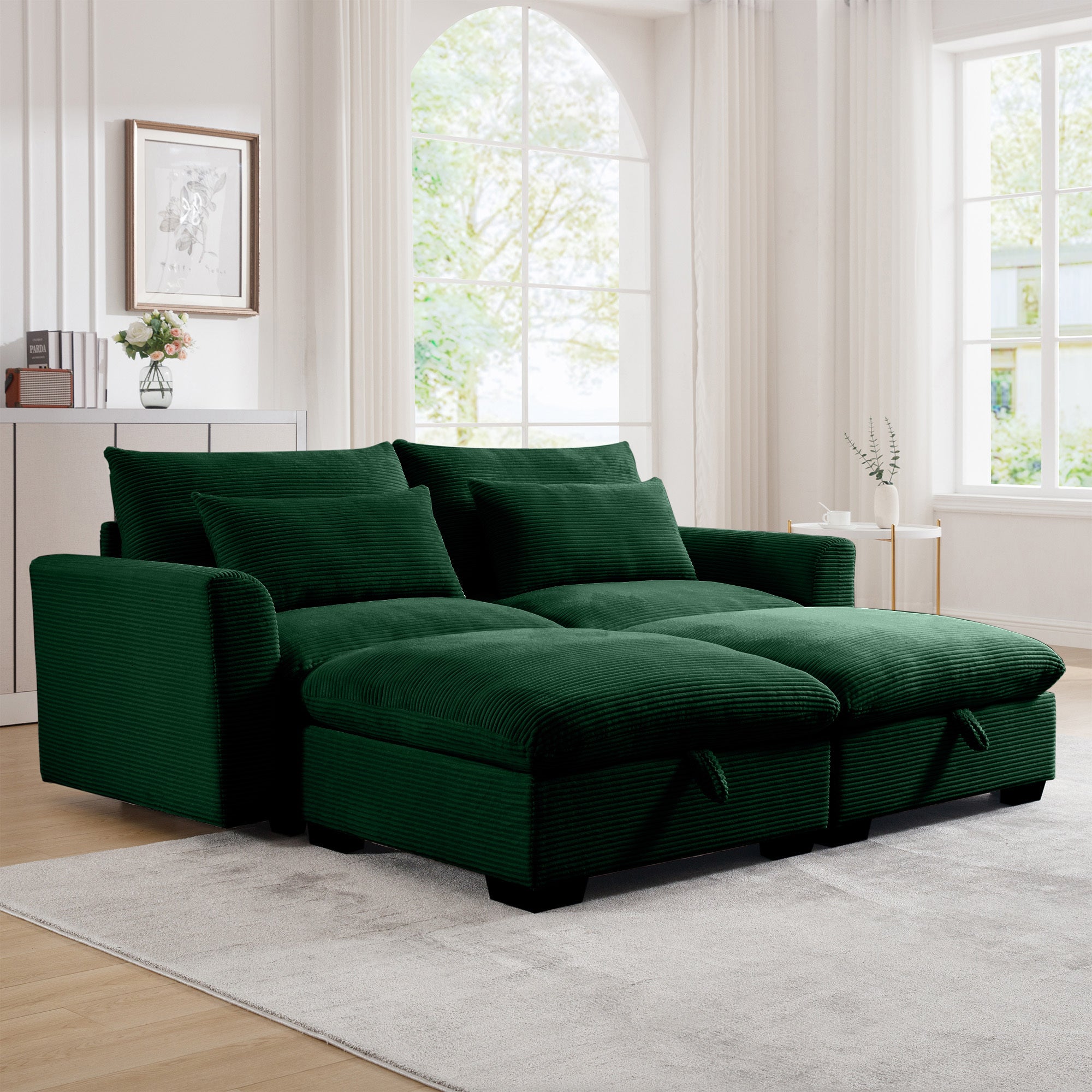 Corduroy Two-Seater Sofa with 2 Storage Footrest,2 Seater Sectional  deep seat sofa,Comfy Couches for Living Room,Green Sofa