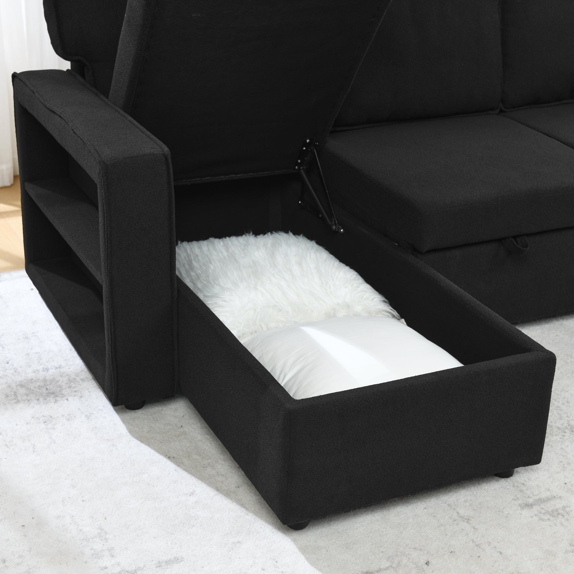 Linen Upholstered Sleeper Sectional Sofa, Shaped Modular Convertible Sofa with Storage Chaise,There are two cup holders in the middle and USB multi-interface function,Pull Out Sleep Couch Bed ,Black