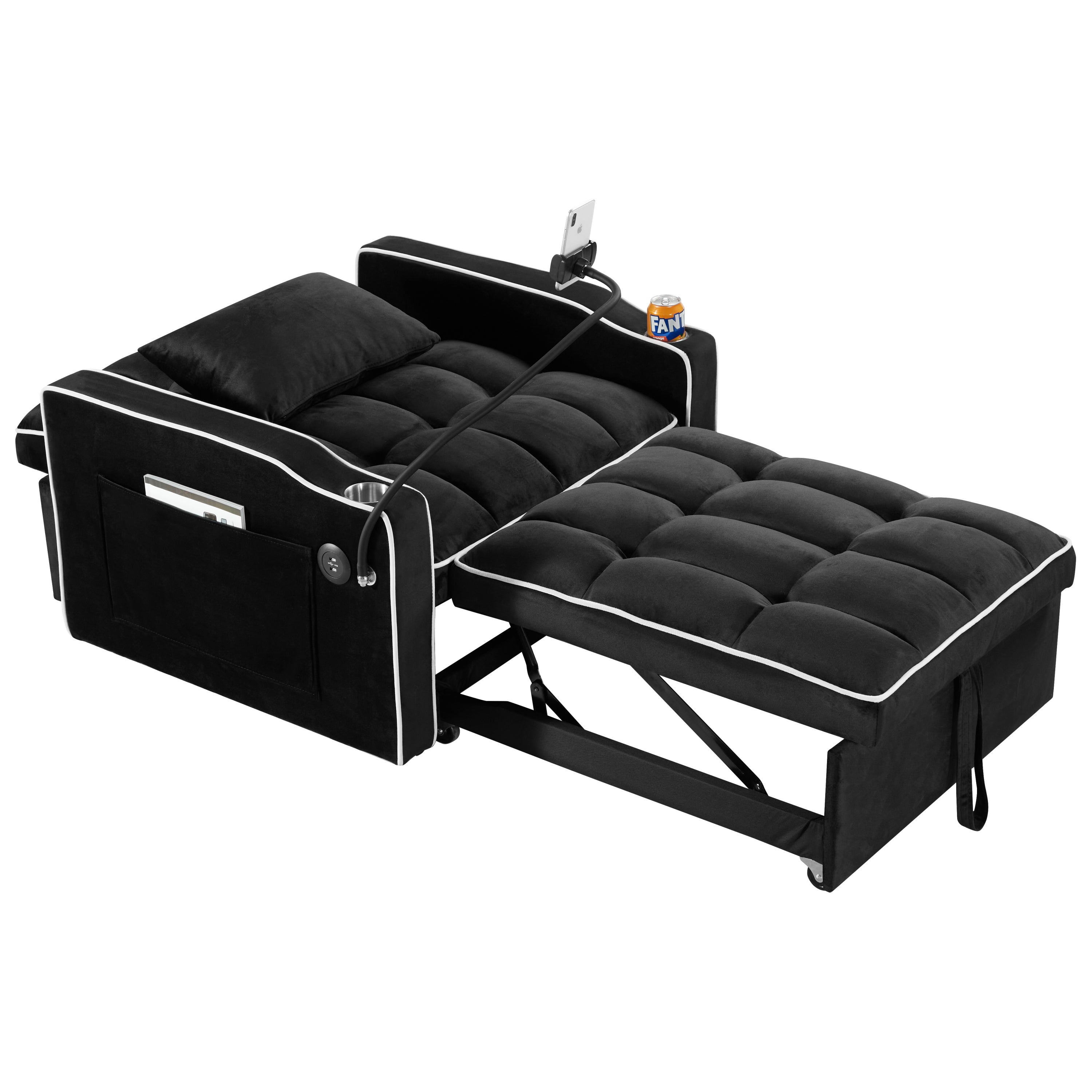 Convertible Chair Sofa Bed, Adjustable Pull-Out Design with Multi-Pockets for Living Room and Small Spaces, Black