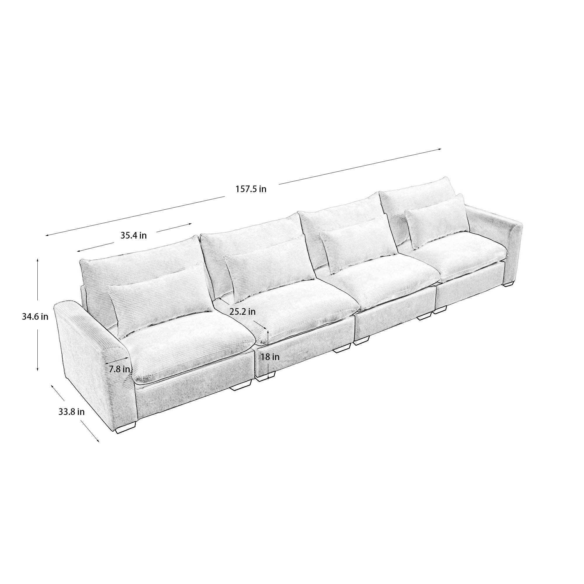 4 Seater Deep Seat Couches for Living Room, Comfy Brown Corduroy Sofas for Living Room Modern with 4 Waist Pillows