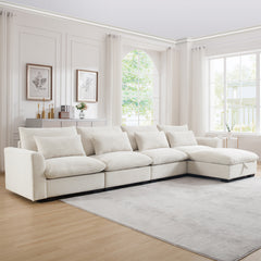 Large L Shape Sectional Corduroy Sofa,Deep Seat Couch with Storage Footstool and 4 Waist Pillows,Beige