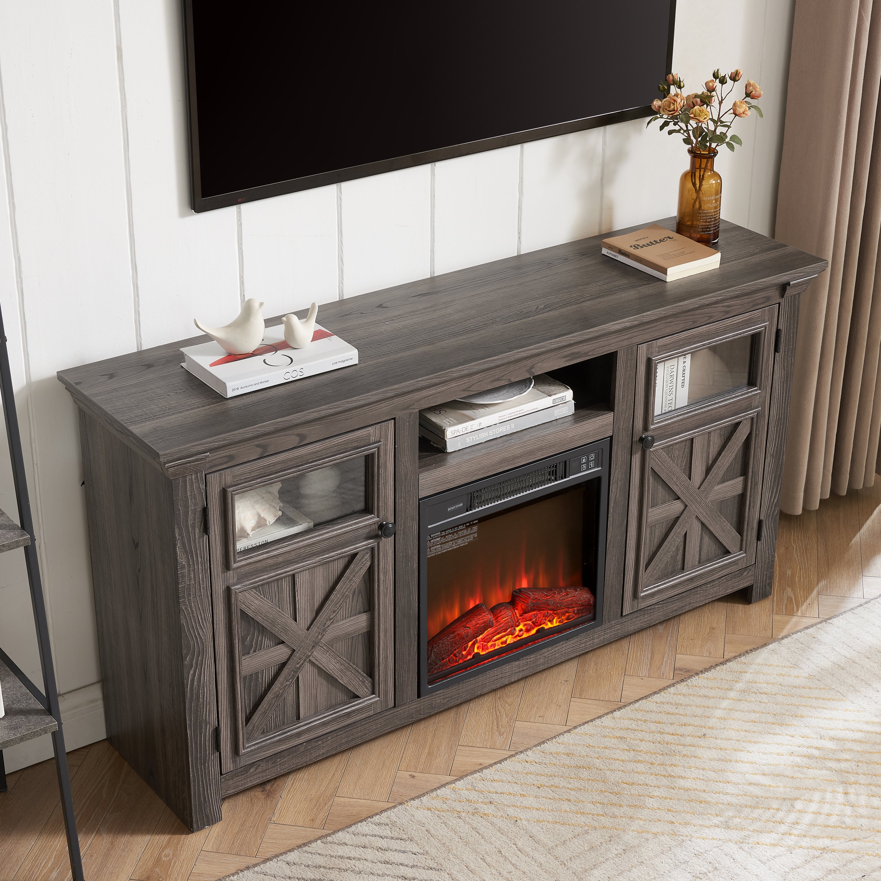 Farmhouse TV Stand with 2 Doors, Barn Design, Large Media Console with 18" Electric Fireplace Insert, GREY