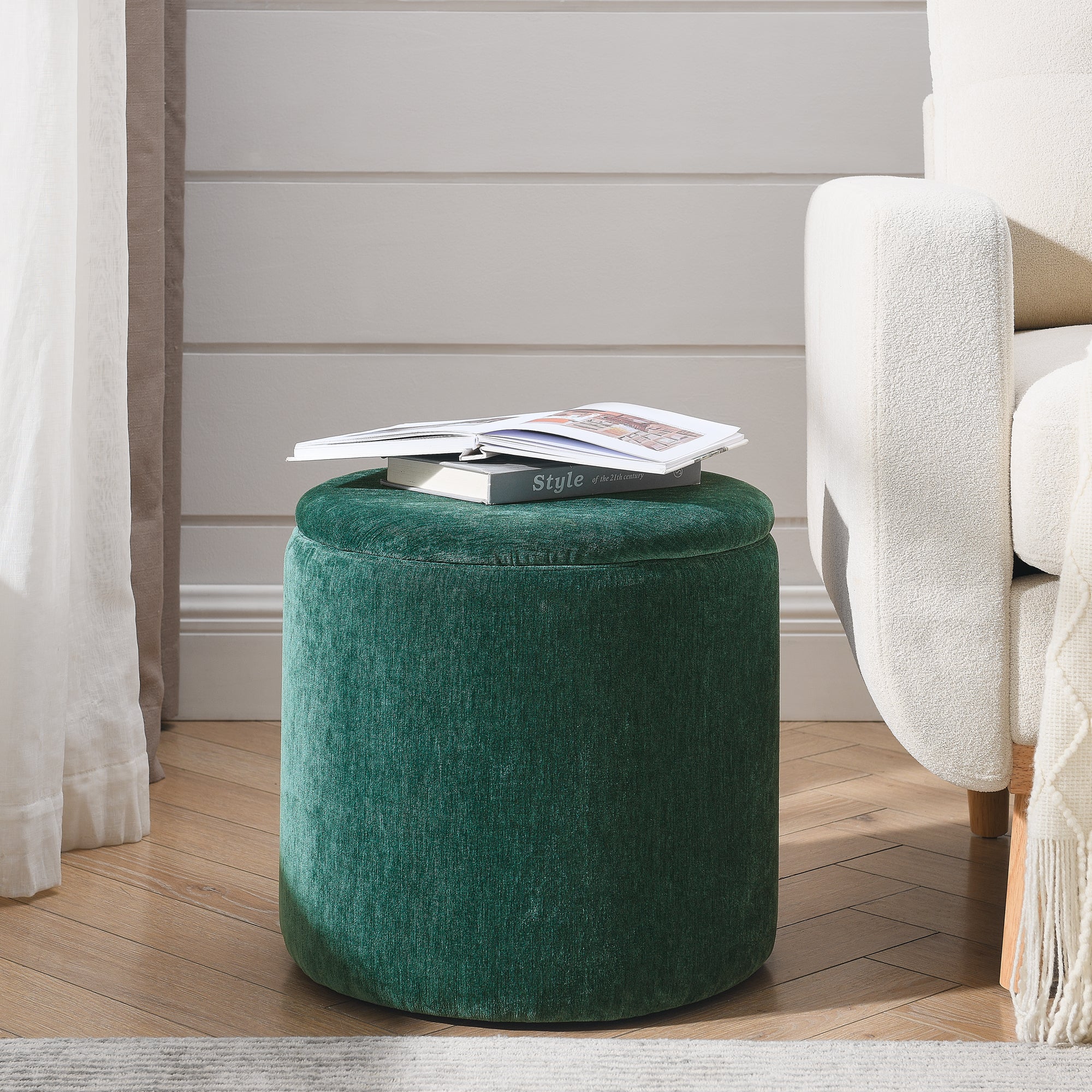 2-Piece Set Round Chenille Storage Ottoman, Equipped with a Drum Shaped Small Stool, Storage Space, and MDF Made Desktop Panel (Dark Green23.62"x23.62"x16.53")