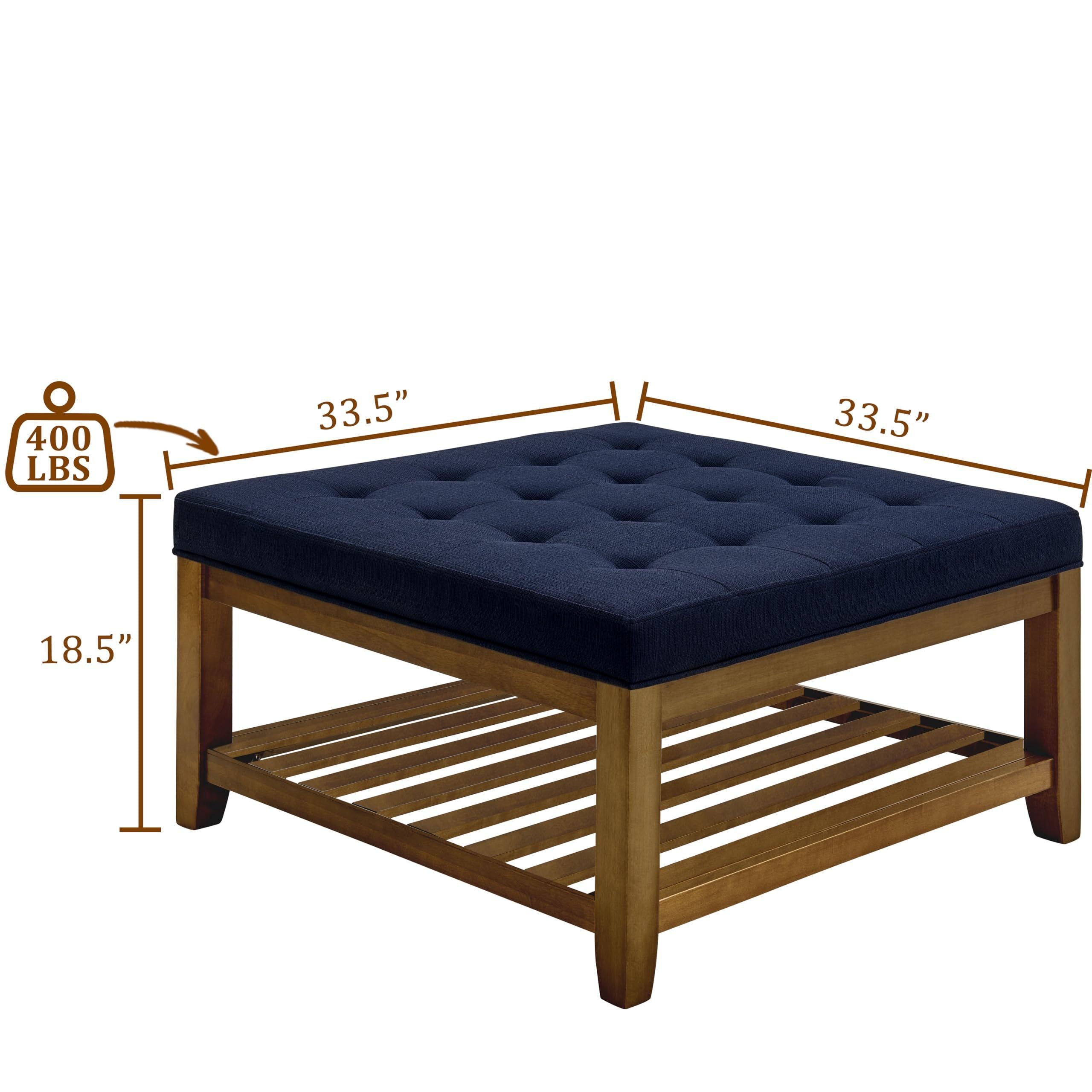 Tufted Upholstered Square Coffee Table Ottoman with Beech Wood Shelf, Oversized Footrest for Living Room, Navy Blue