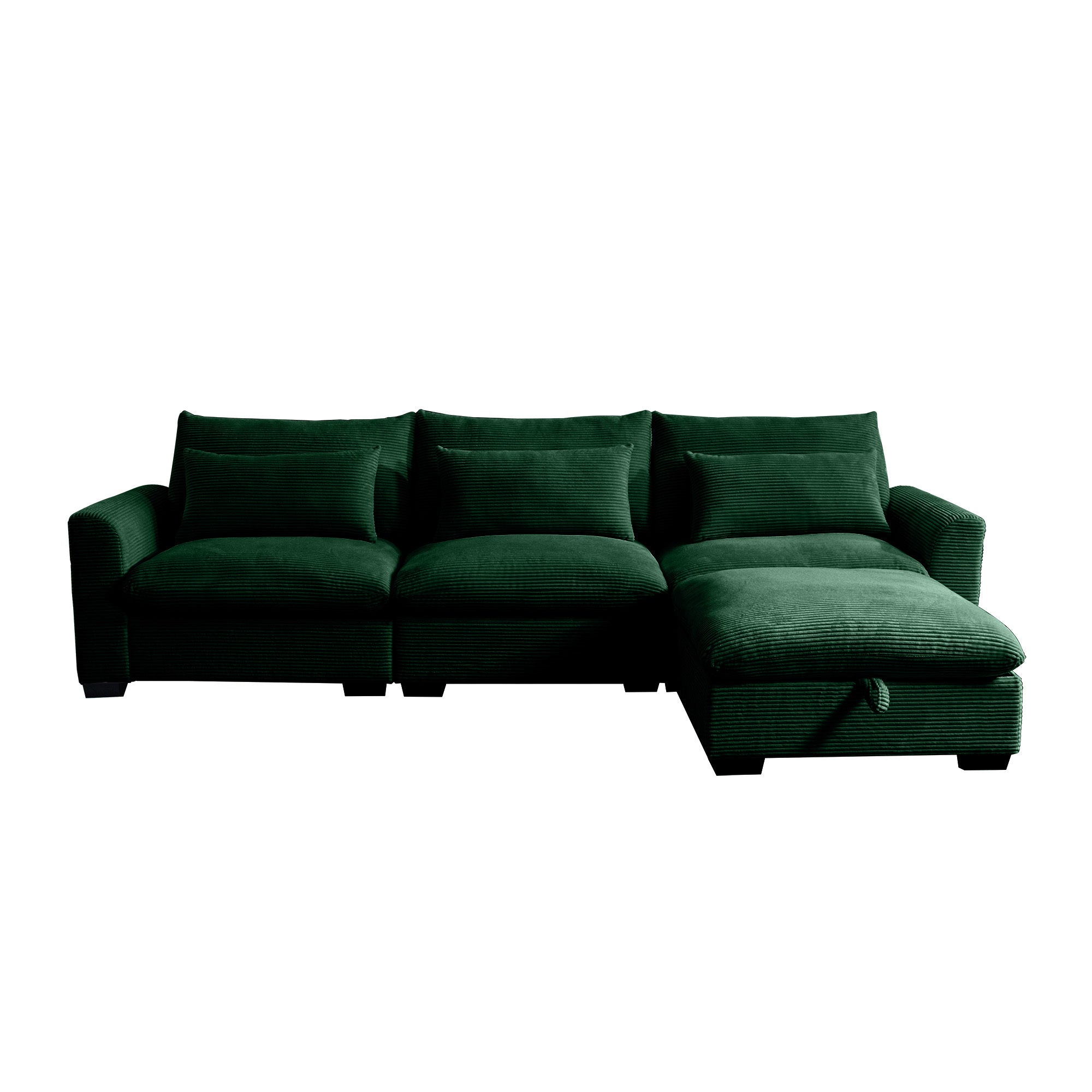 Corduroy Sectional Sofa,  L Shaped Couch with Storage Footstool and 3 Pillow, Sectional Couch for Living Room Apartment, Green