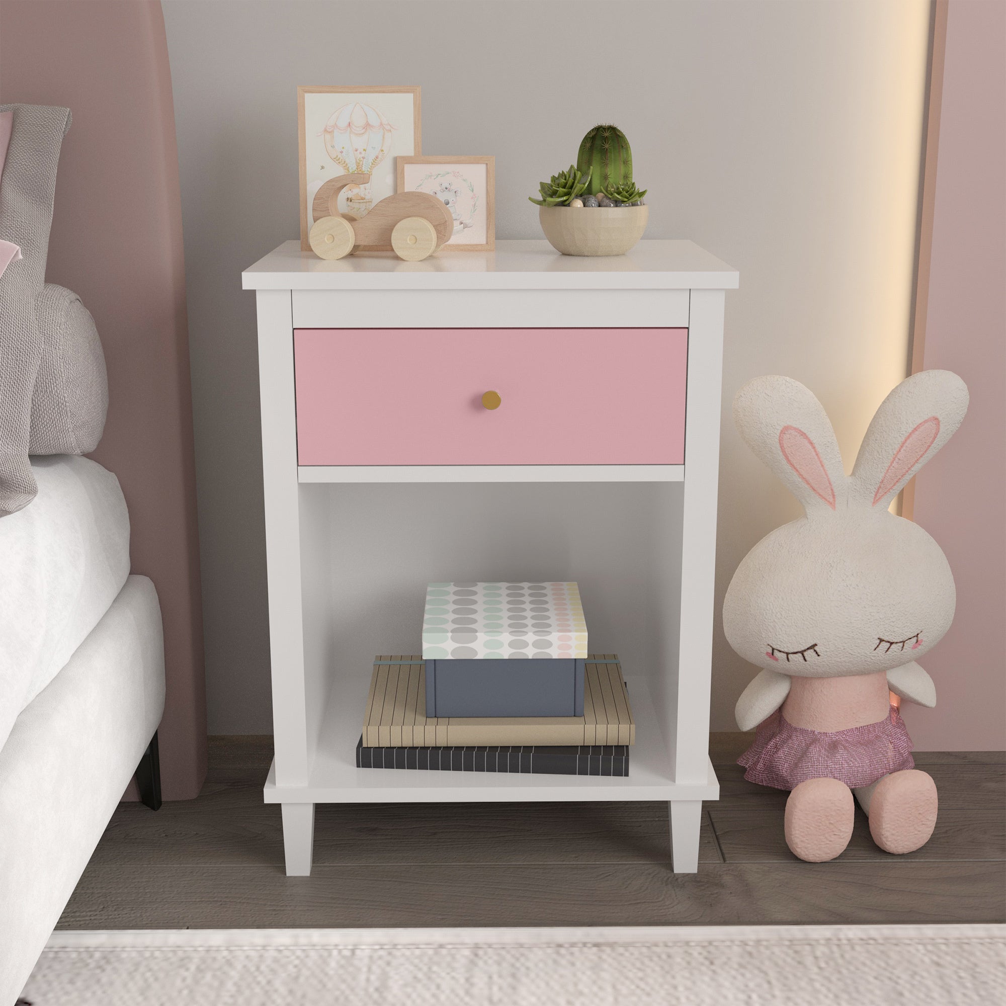 26.77''H Wooden Nightstand with One Drawer One Shelf for Kids, Adults, Pink