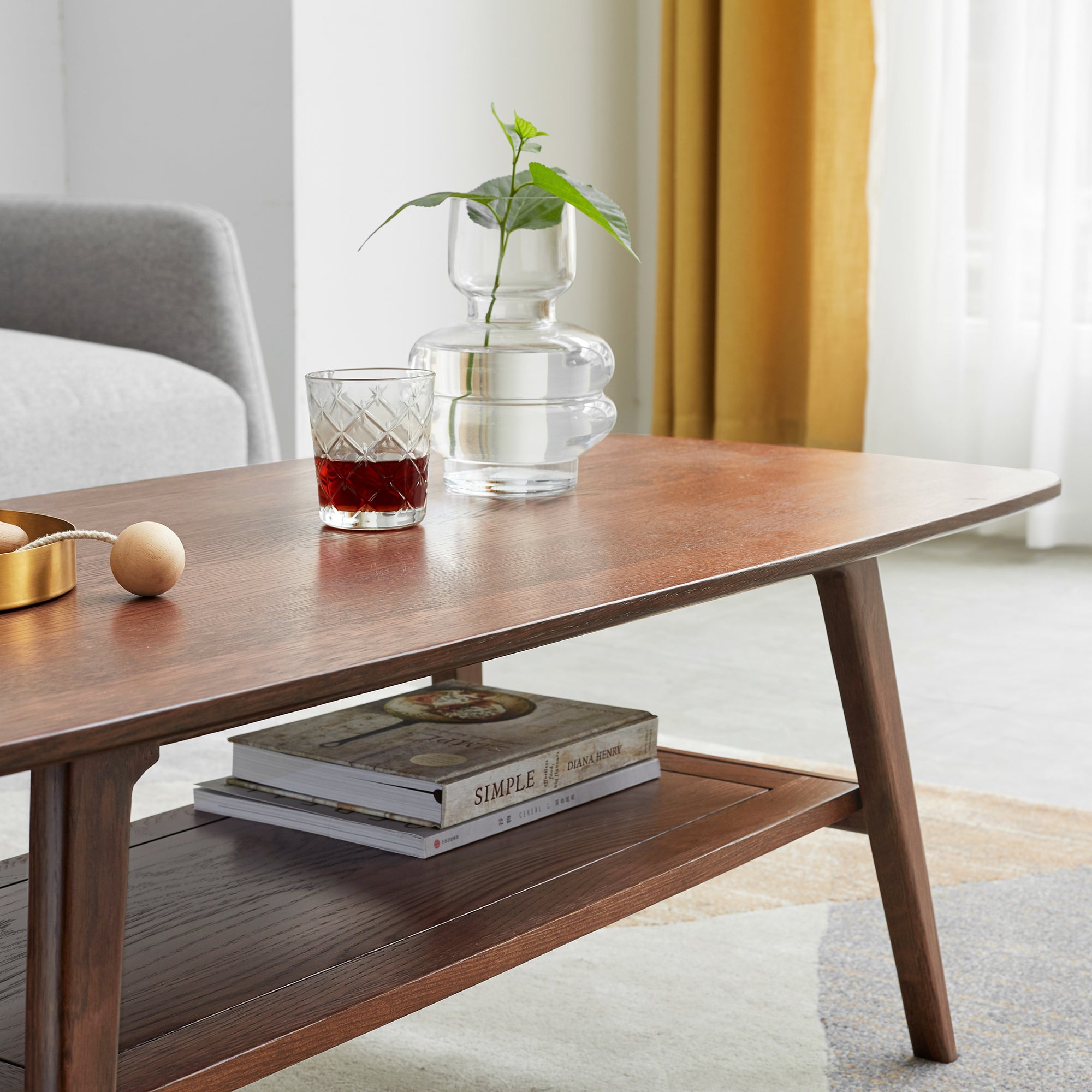 31.5" Solid Oak Wood Coffee Table with Storage Shelf, Study Desk for Home Office, Brown