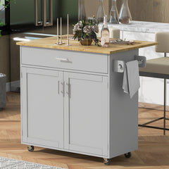 K&K Rolling Kitchen Island with Storage, Rubber Wood Top, Spacious Drawer with Divider and Internal Storage Rack, Grey