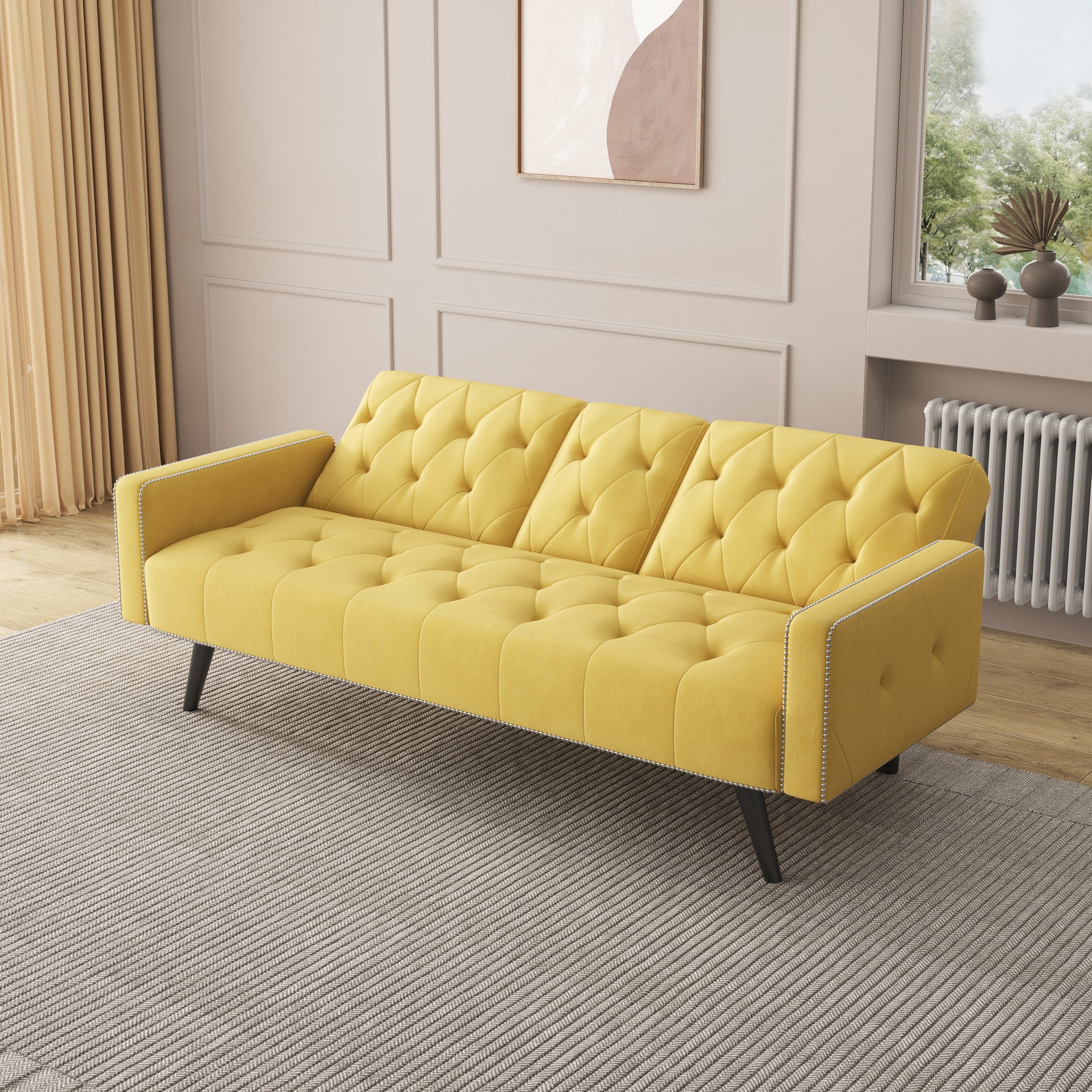 72" Yellow Velvet Sofa Bed with Nail Head Trim & Two Cup Holders Sleeper Sofa for Small Living Room