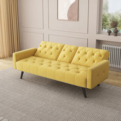 72" Yellow Velvet Sofa Bed with Nail Head Trim & Two Cup Holders Sleeper Sofa for Small Living Room