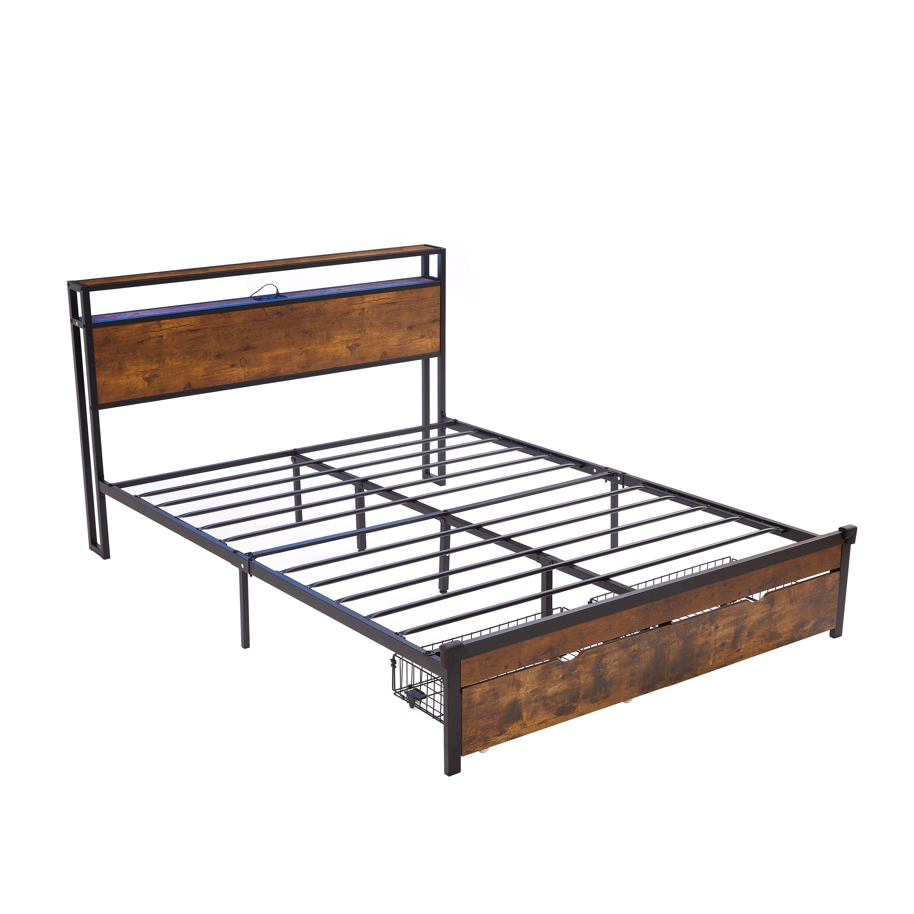 Queen Size Metal Platform Bed Frame with Wooden Headboard and Footboard with USB,Charging Station,2 Drawers,LED Lights, No Box Spring Needed, Easy Assemble